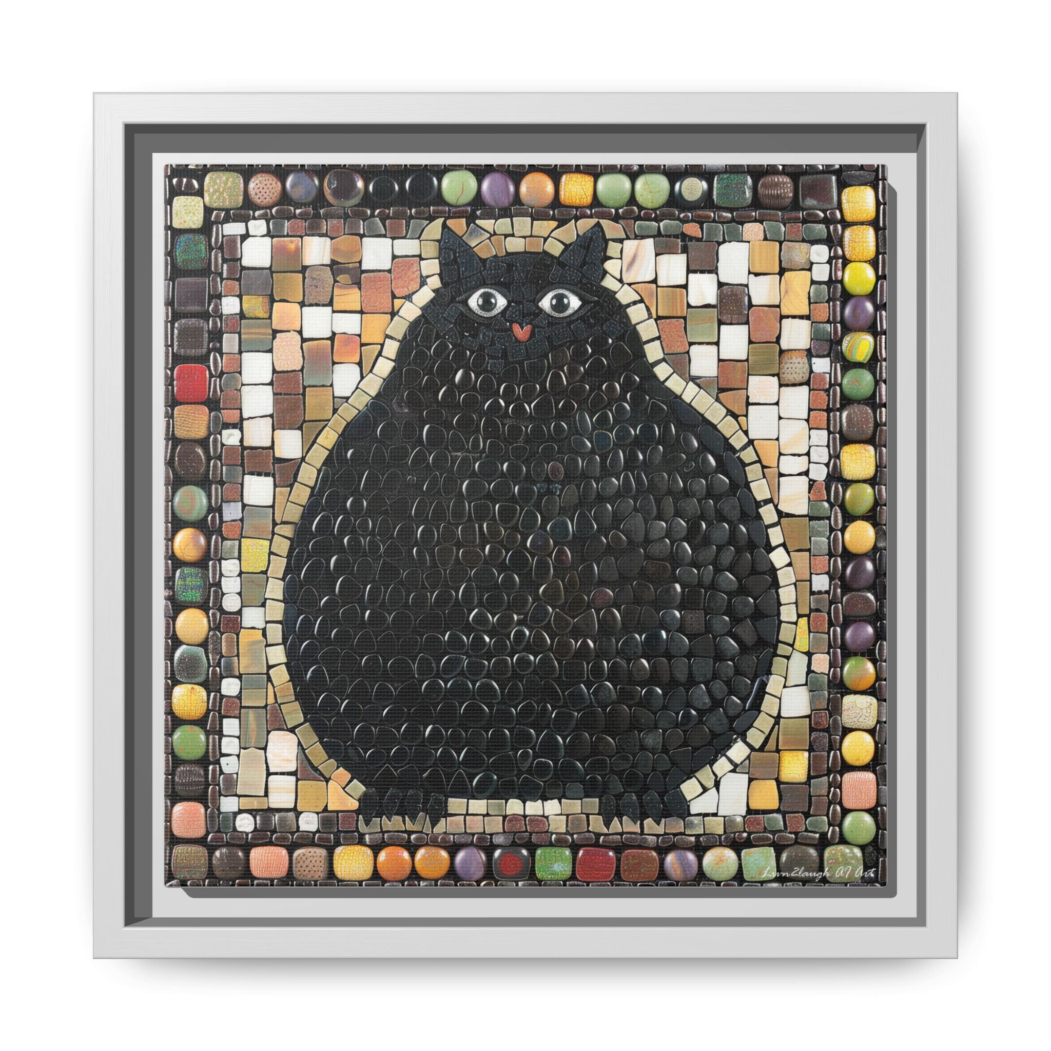 "Playful Black Cat Mosaic", Framed Mosaic Cat Art Print — Colorful Modern Wall Canvas
