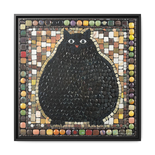 "Playful Black Cat Mosaic", Framed Mosaic Cat Art Print — Colorful Modern Wall Canvas