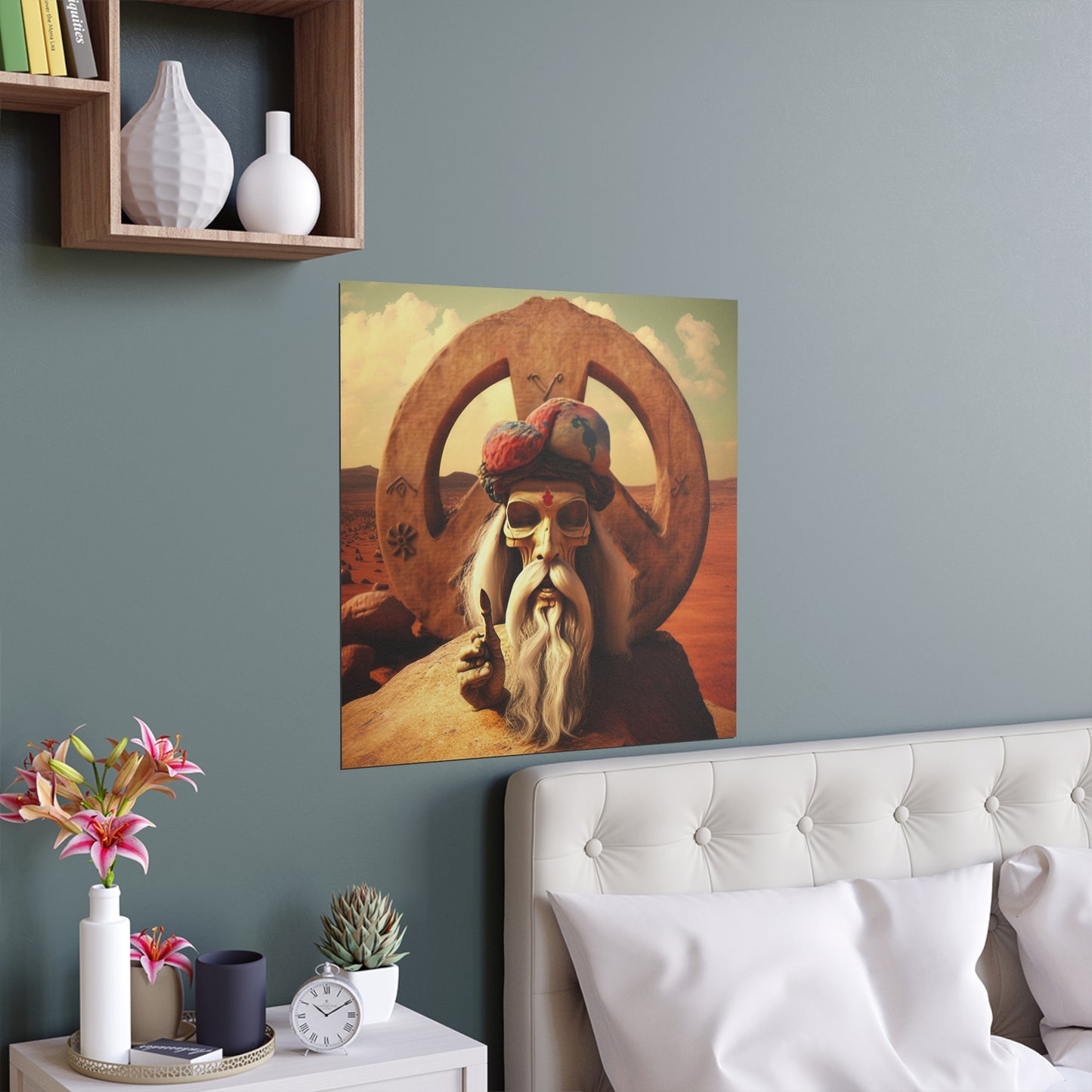 Wise Man In Dessert With Beard And Peace Sign Indoor and Outdoor Silk Posters