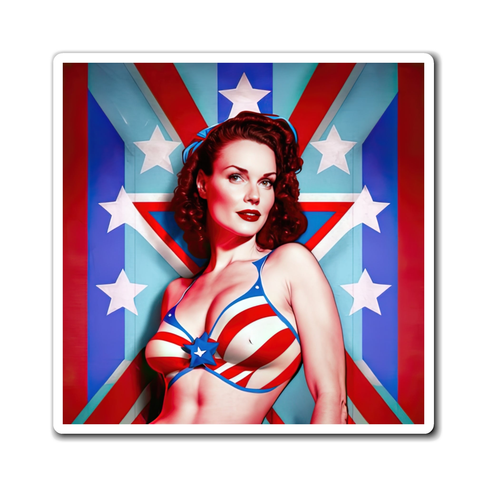 Retro Tattooed Pinup Blue, Red And White Star Magnet Style Five