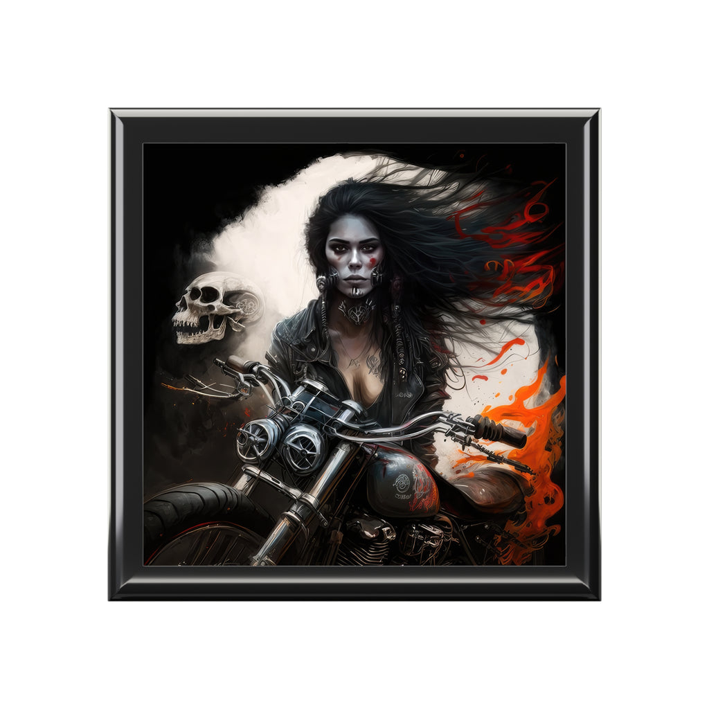 Biker Chic On Motorcycle With Skull Orange Flaming Background Jewelry Box Jewelry Box