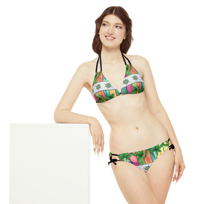 Beautiful Multicolored Pink Purple Blue 420 Weed Marijuana Leaf Strappy Bikini Set (AOP)