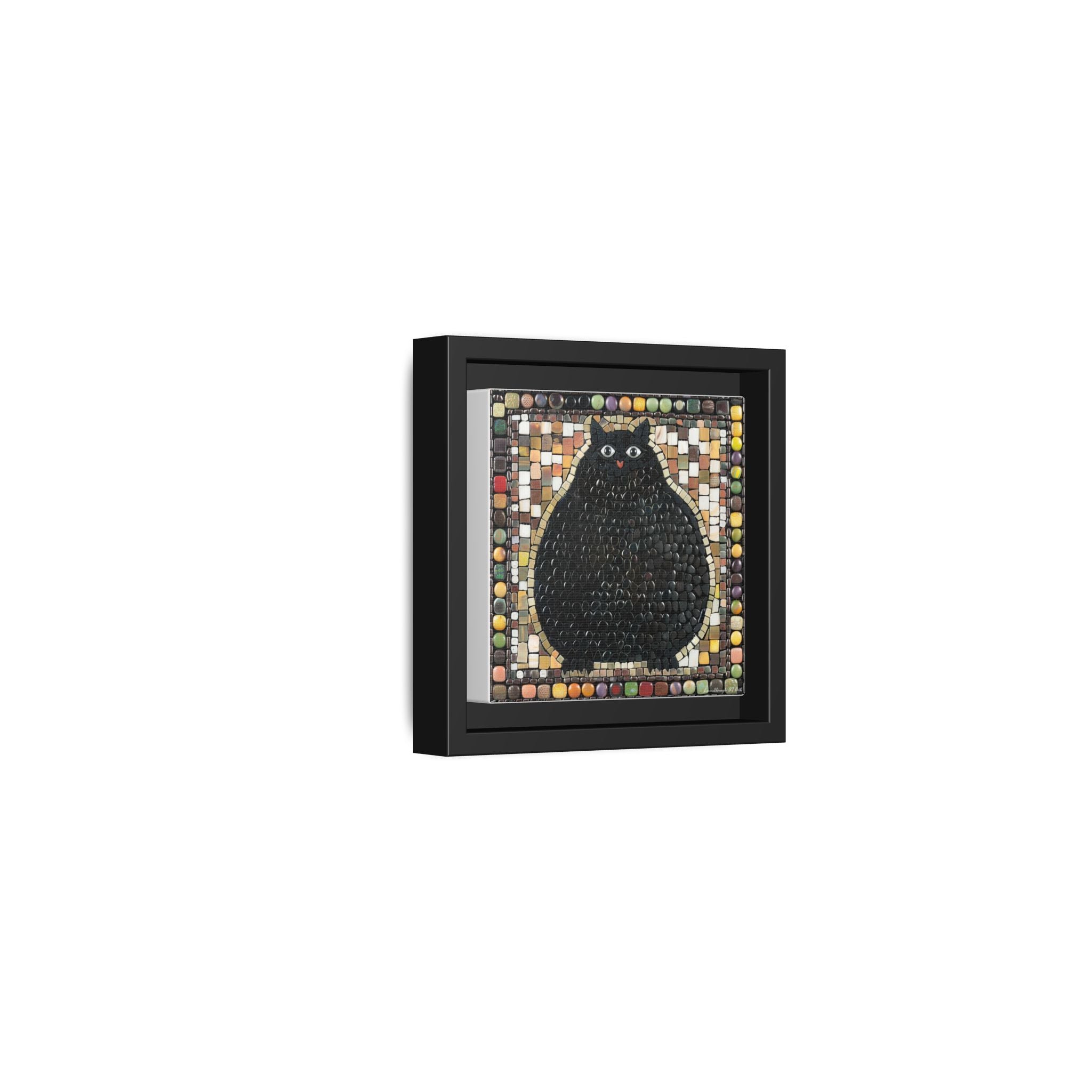 "Playful Black Cat Mosaic", Framed Mosaic Cat Art Print — Colorful Modern Wall Canvas