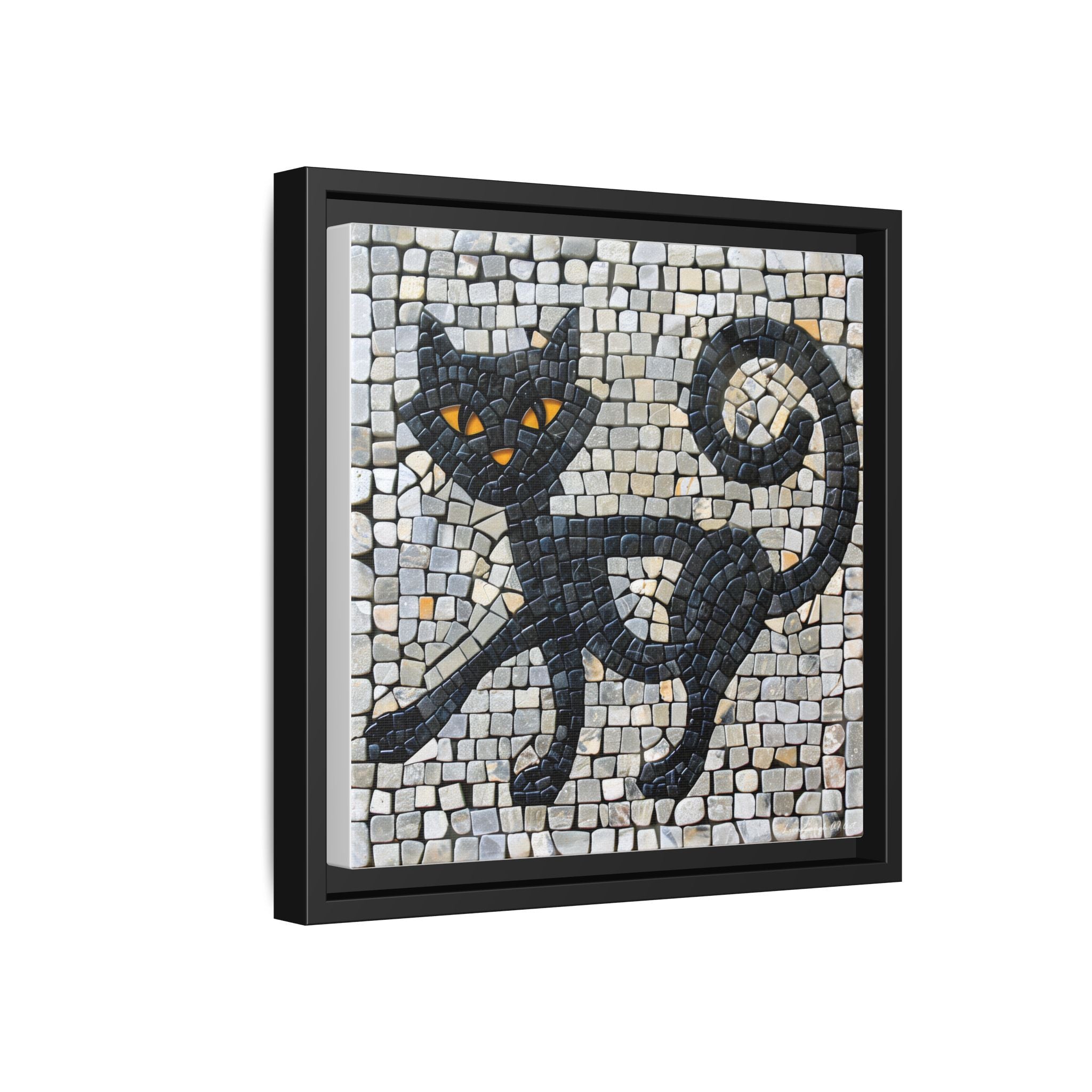 "Curious Black Cat Mosaic", Framed Mosaic Cat Art Print — Colorful Modern Wall Canvas