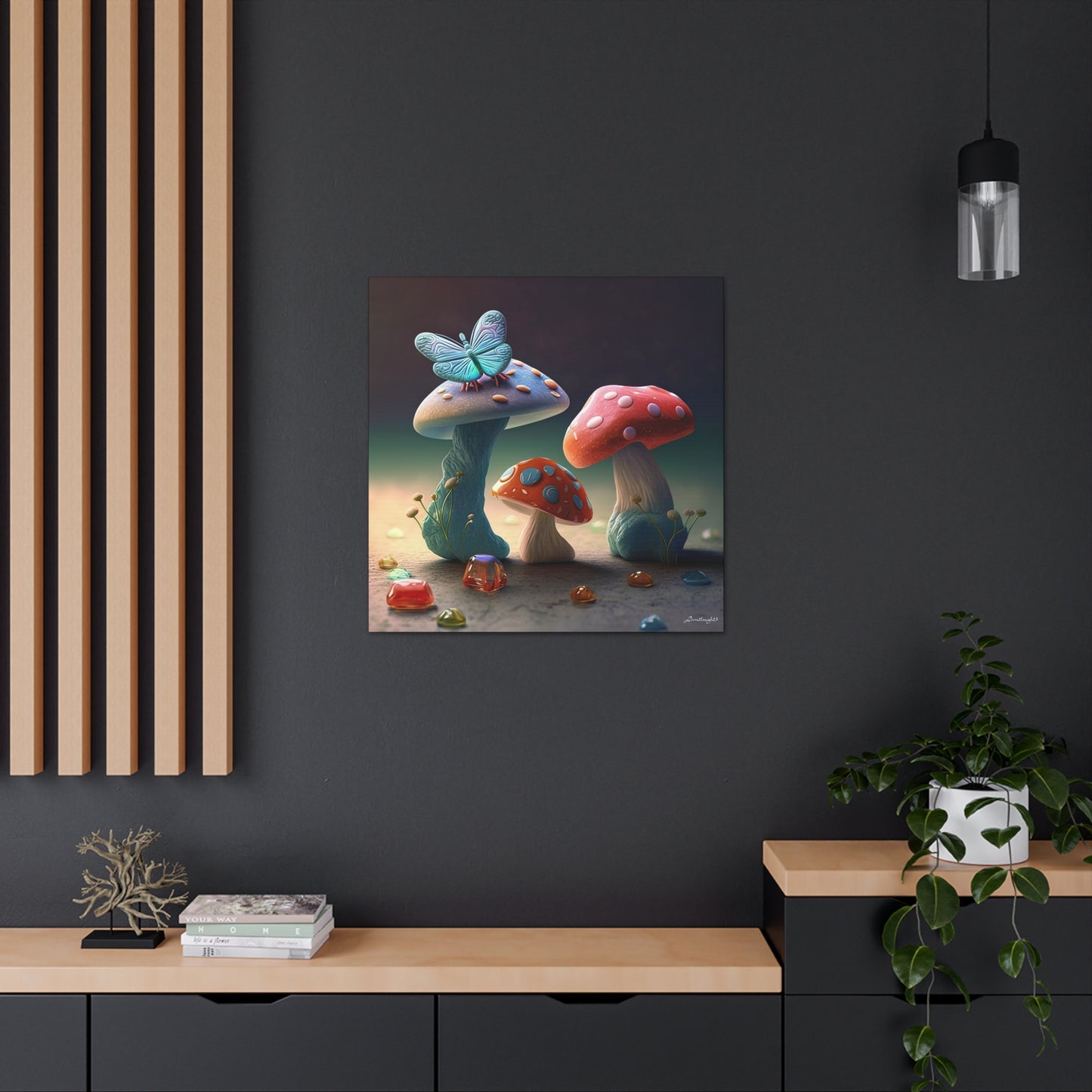 Beautiful Mushroom Luminating Colorful Bliss With Butterflies 2 Canvas Gallery Wraps