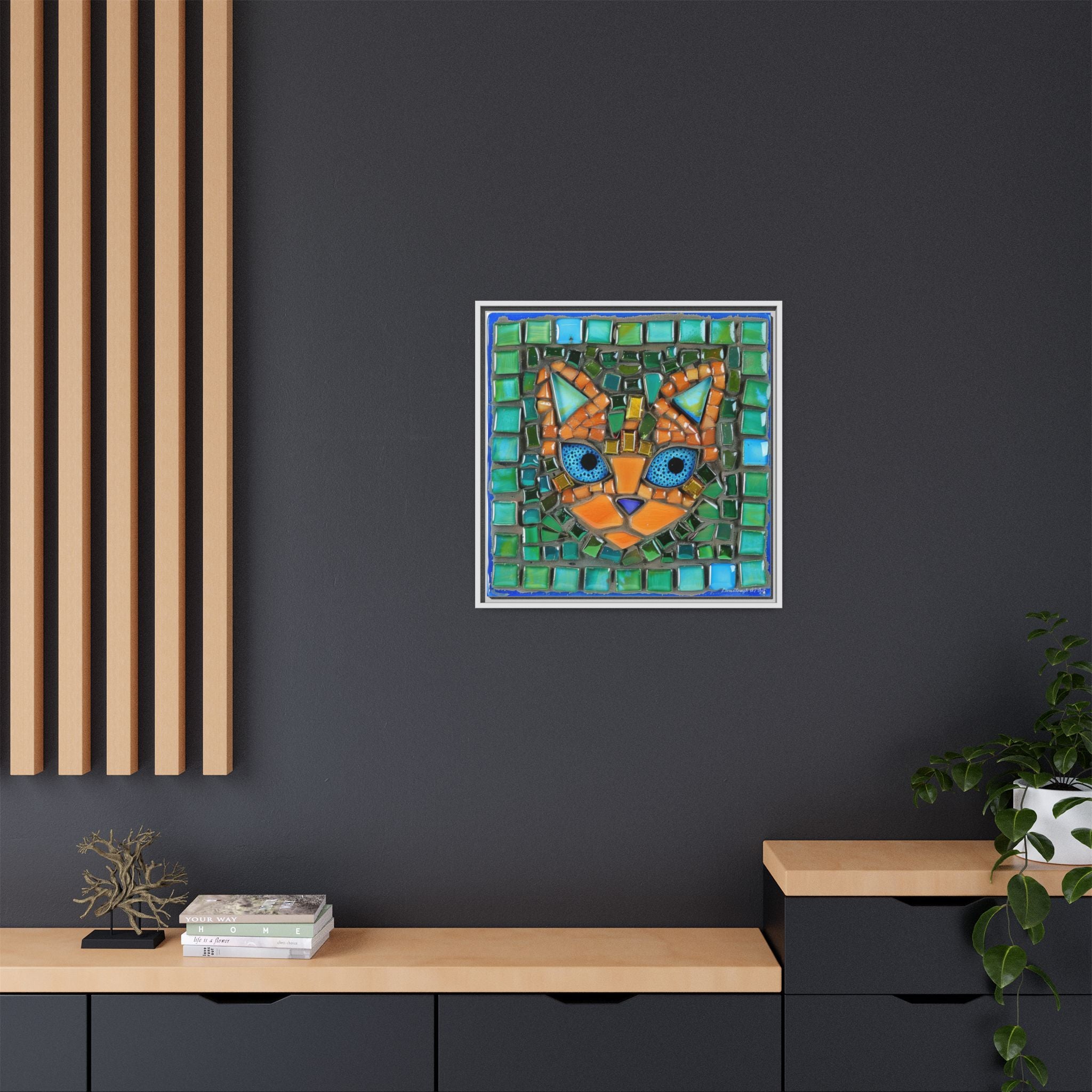 "Emerald Eyes Mosaic Cat", Framed Mosaic Cat Art Print — Colorful Modern Wall Canvas