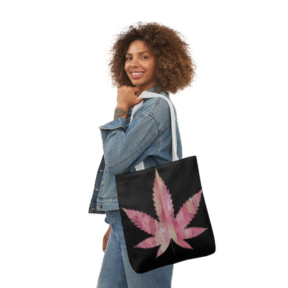 Sassy Single Pink Marijuana 420 Weed Leaf With Black Background Polyester Canvas Tote Bag (AOP)