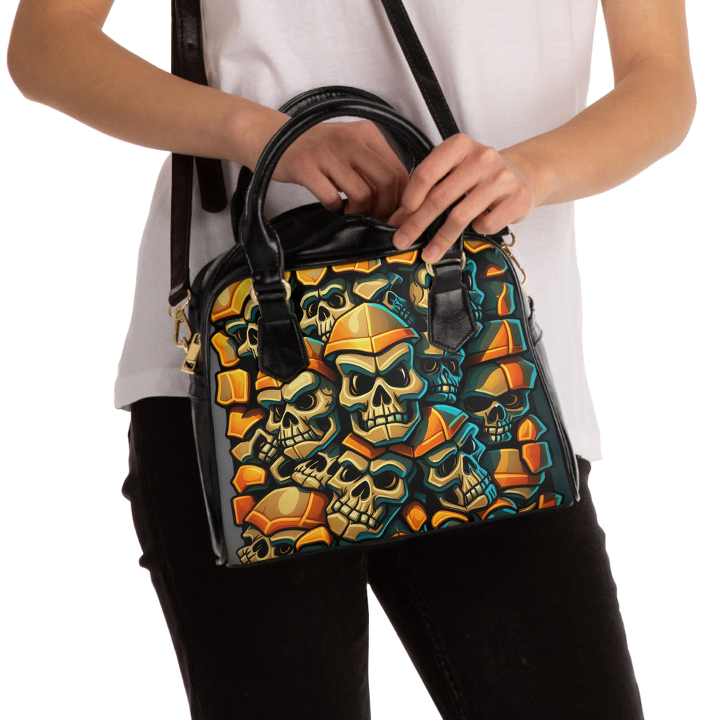 Metallic Chrome Skull And Detailed Background Style 11, Yellow Shoulder Handbag