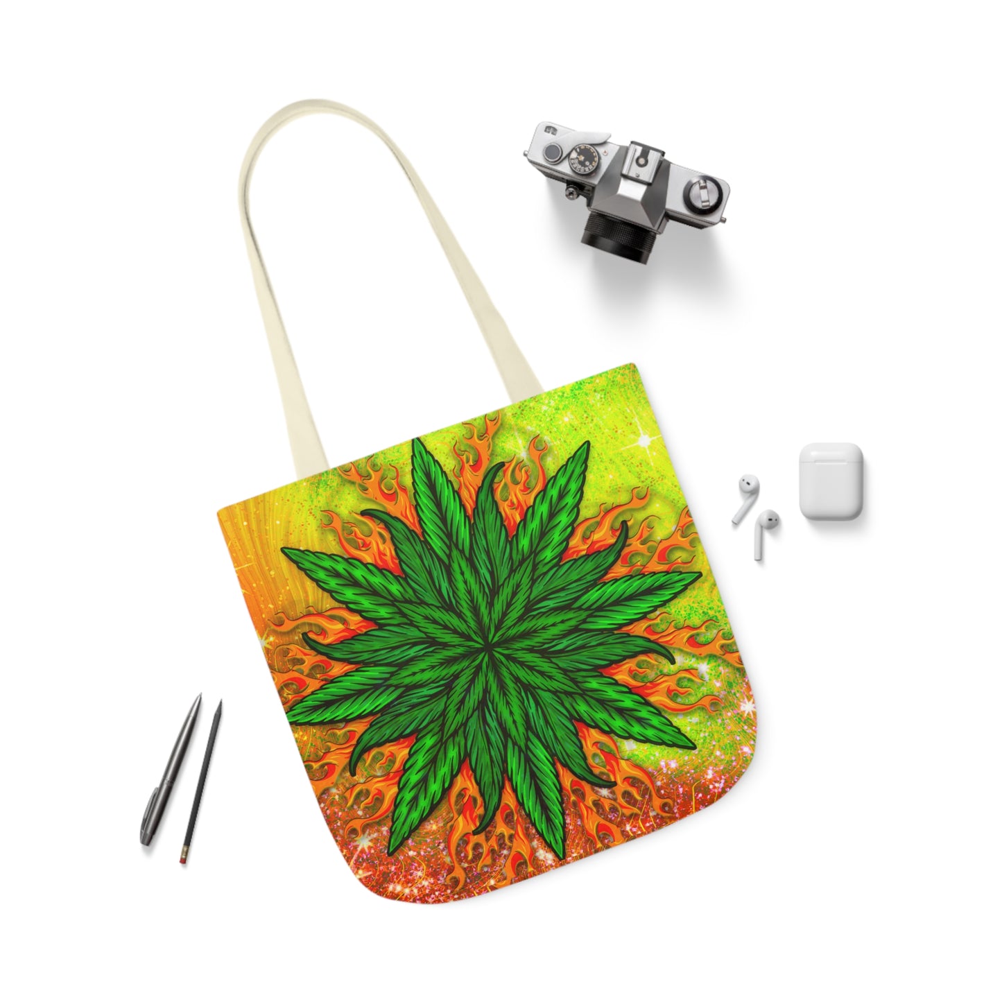 Beautifully Designed Orange, Yellow And Green Marijuana Leave Polyester Canvas Tote Bag (AOP)