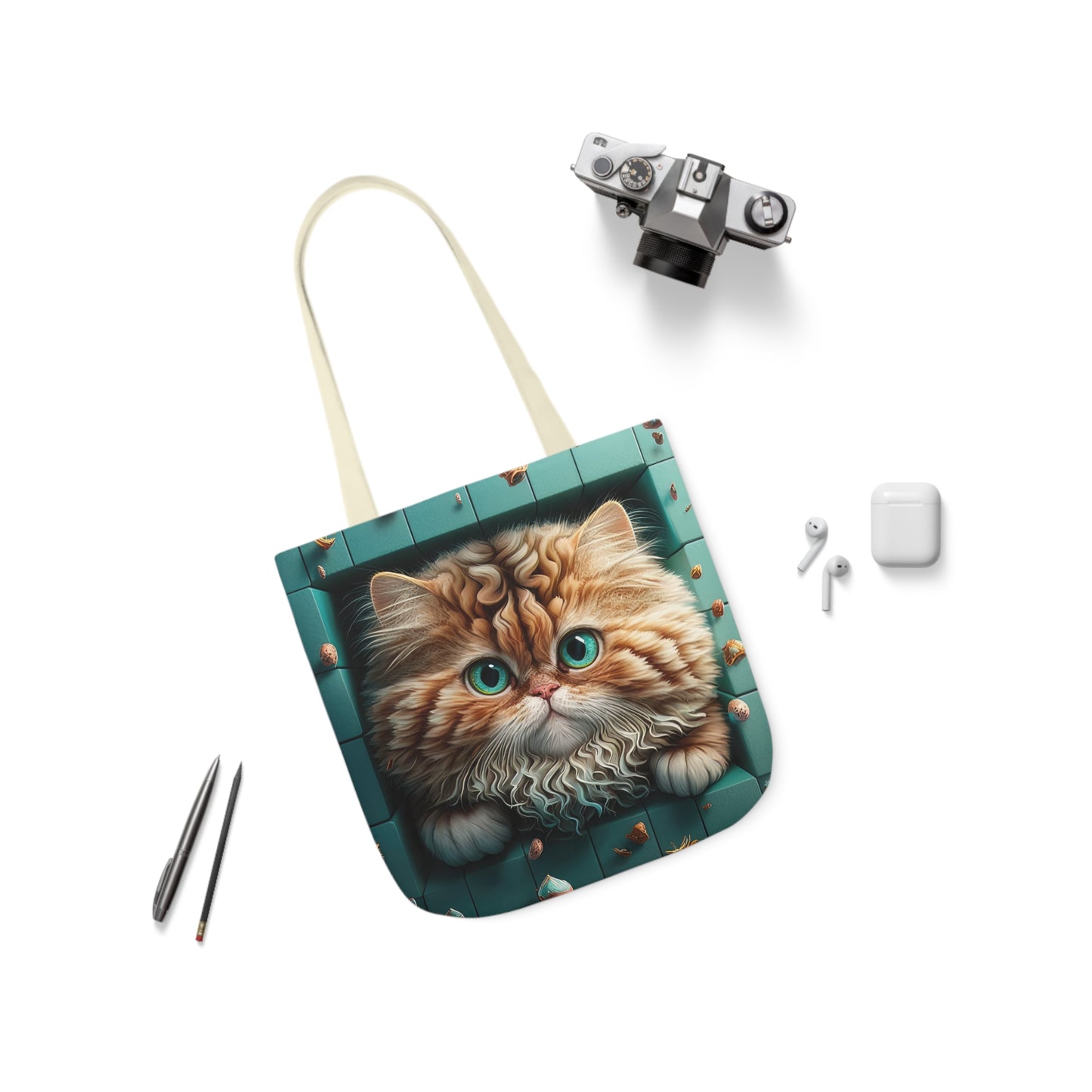 Beautiful Orange And White Fluffy Cat With Blue Eye , Blue Framed Polyester Canvas Tote Bag (AOP)