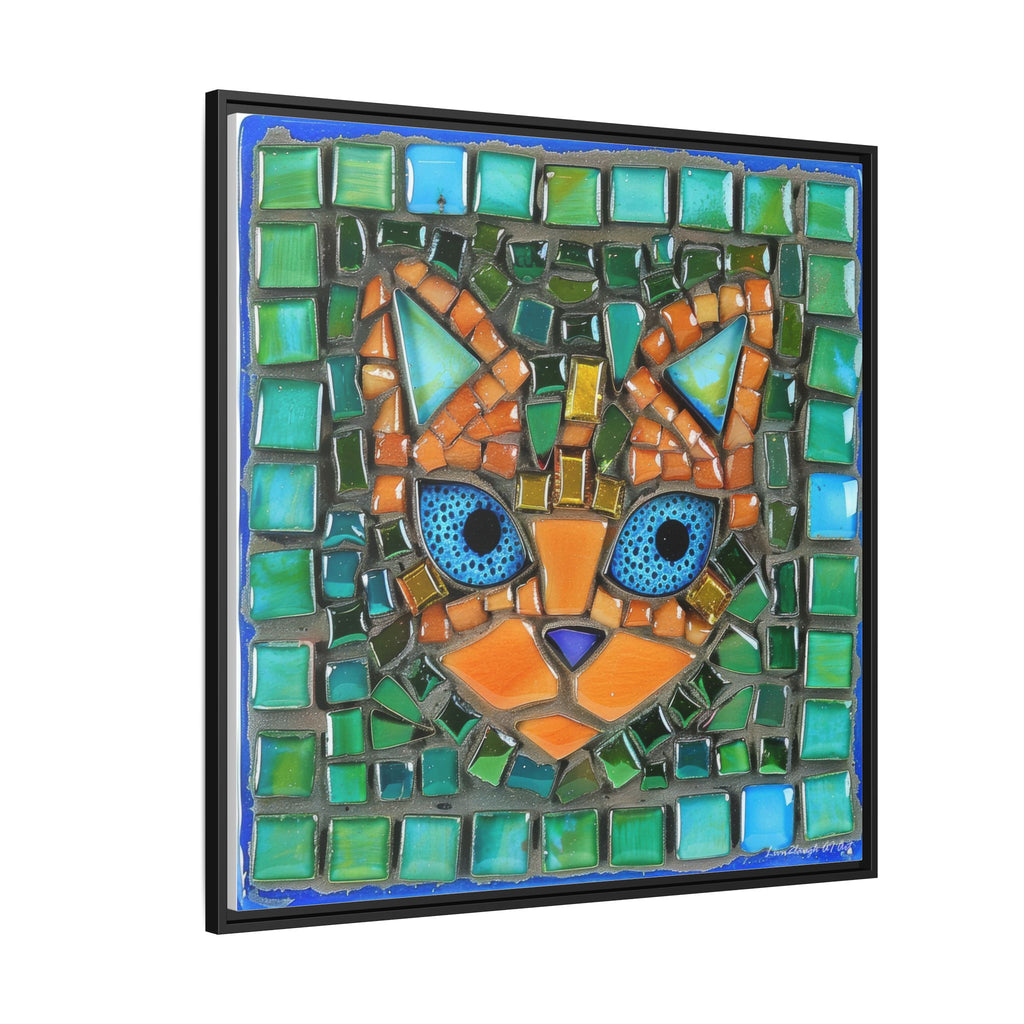 "Emerald Eyes Mosaic Cat", Framed Mosaic Cat Art Print — Colorful Modern Wall Canvas