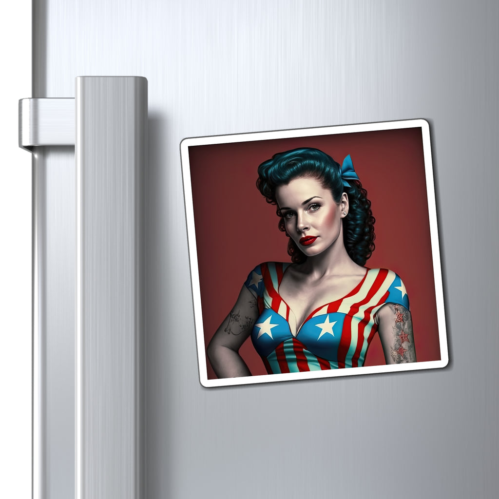 Retro Tattooed Pinup Blue, Red And White Star Magnet Style Seven