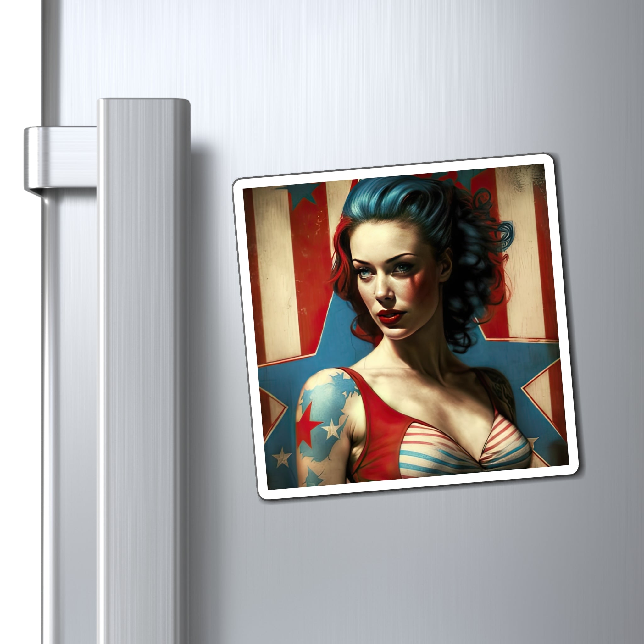 Retro Tattooed Pinup Blue, Red And White Star Magnet Style Two