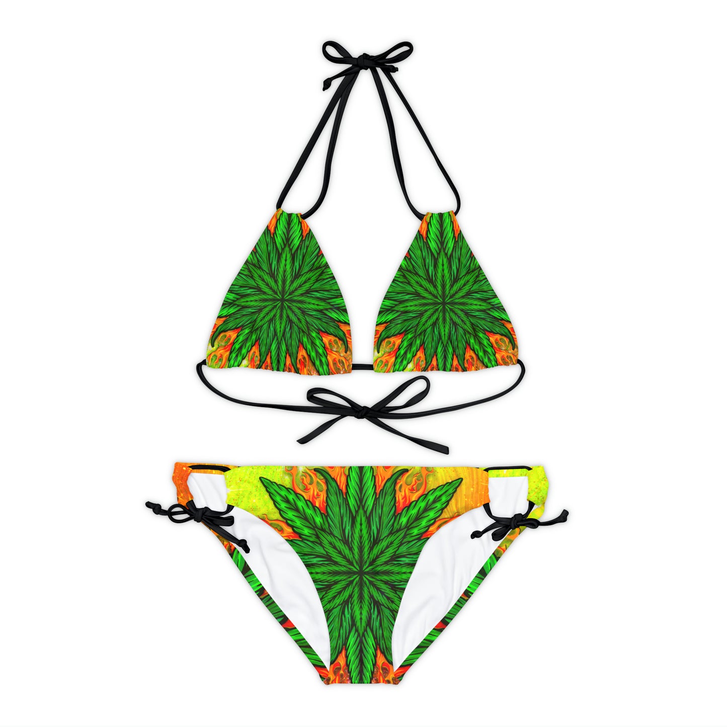 Beautifully Designed Orange, Yellow And Green Marijuana Leaf Strappy Bikini Set (AOP)