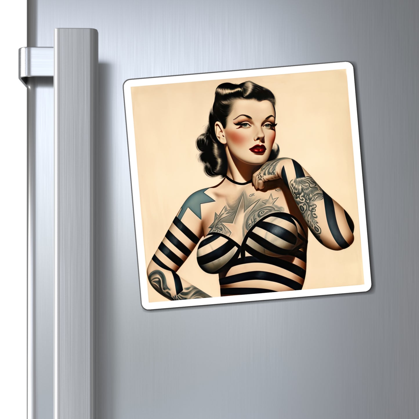 Retro Tattooed Pinup Blue, Red And White Star Magnet Style Eleven