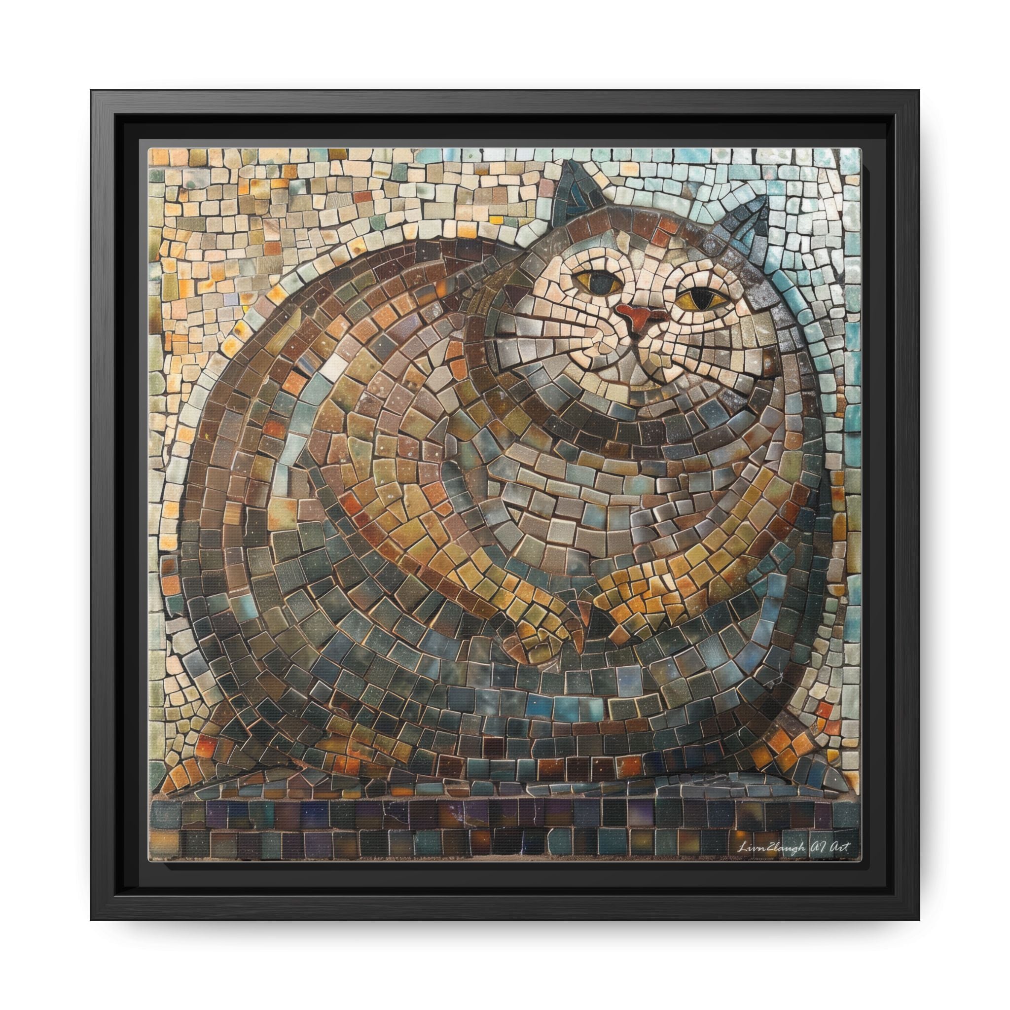 "Serene Mosaic Cat", Framed Mosaic Cat Art Print — Colorful Modern Wall Canvas