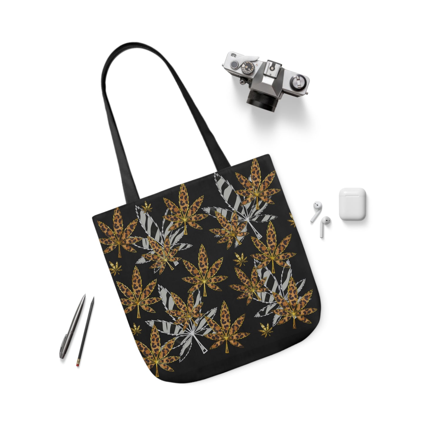 Gold And Zebra Marijuana Pot Weed Leaf 420 Marijuana Polyester Canvas Tote Bag (AOP)