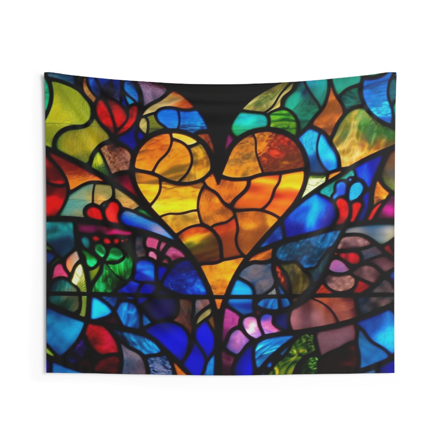 Stained Glass Blue Background Amazing Yellow Heart Indoor Wall Tapestries
