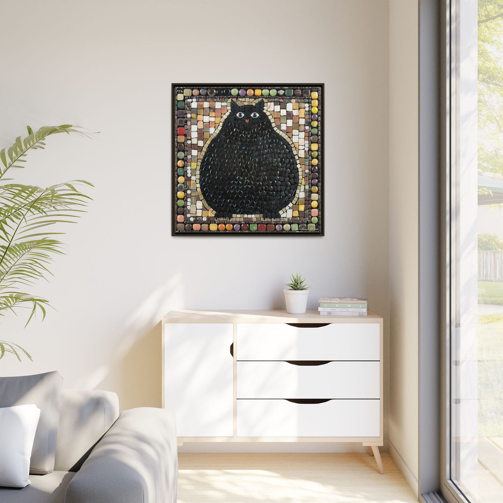 "Playful Black Cat Mosaic", Framed Mosaic Cat Art Print — Colorful Modern Wall Canvas