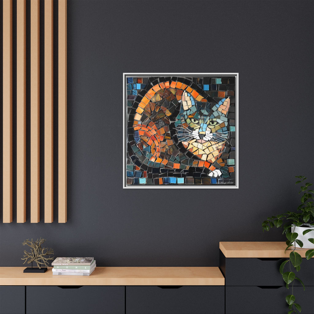 "Bold Mosaic Cat", Framed Mosaic Cat Art Print — Colorful Modern Wall Canvas