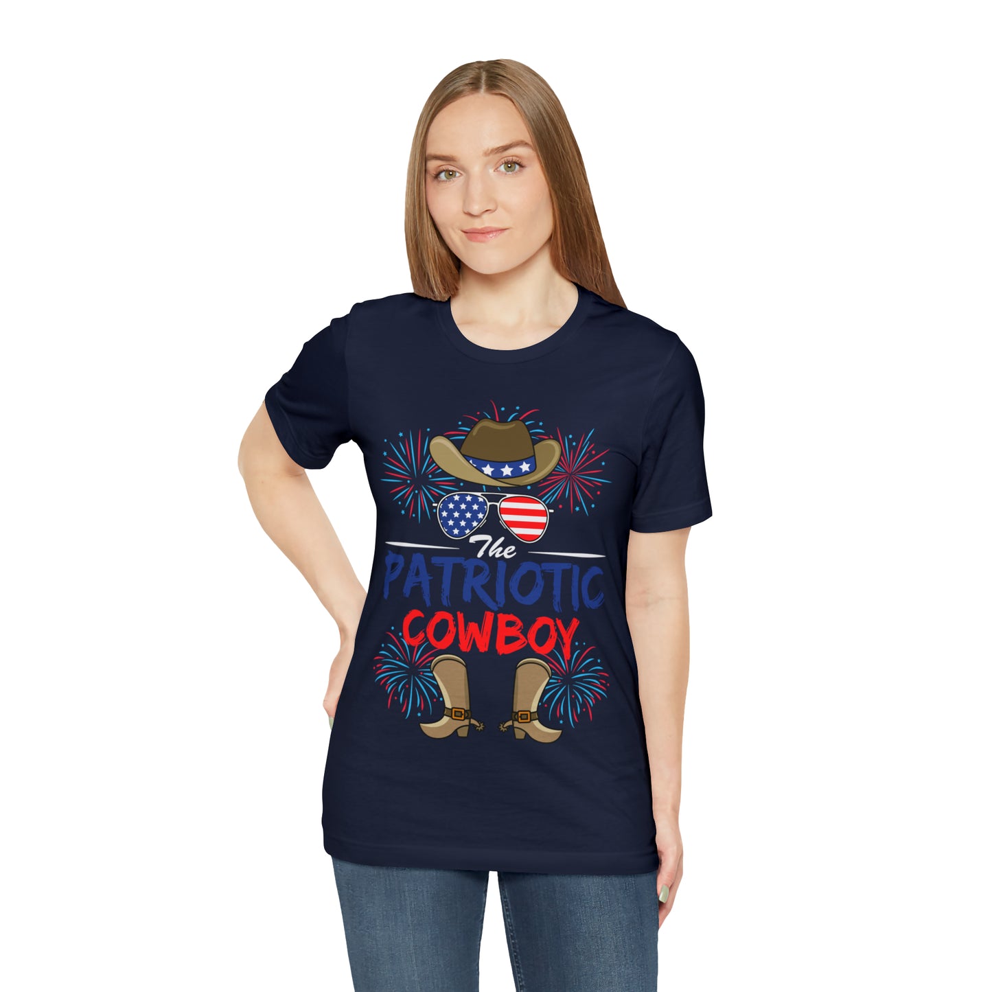 Patriotic Cowboy, American Flag 'Glasses, Cowboy Hat and Boots, Fourth of July 4th Unisex Jersey Short Sleeve Tee