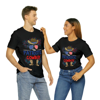 Patriotic Cowboy, American Flag 'Glasses, Cowboy Hat and Boots, Fourth of July 4th Unisex Jersey Short Sleeve Tee