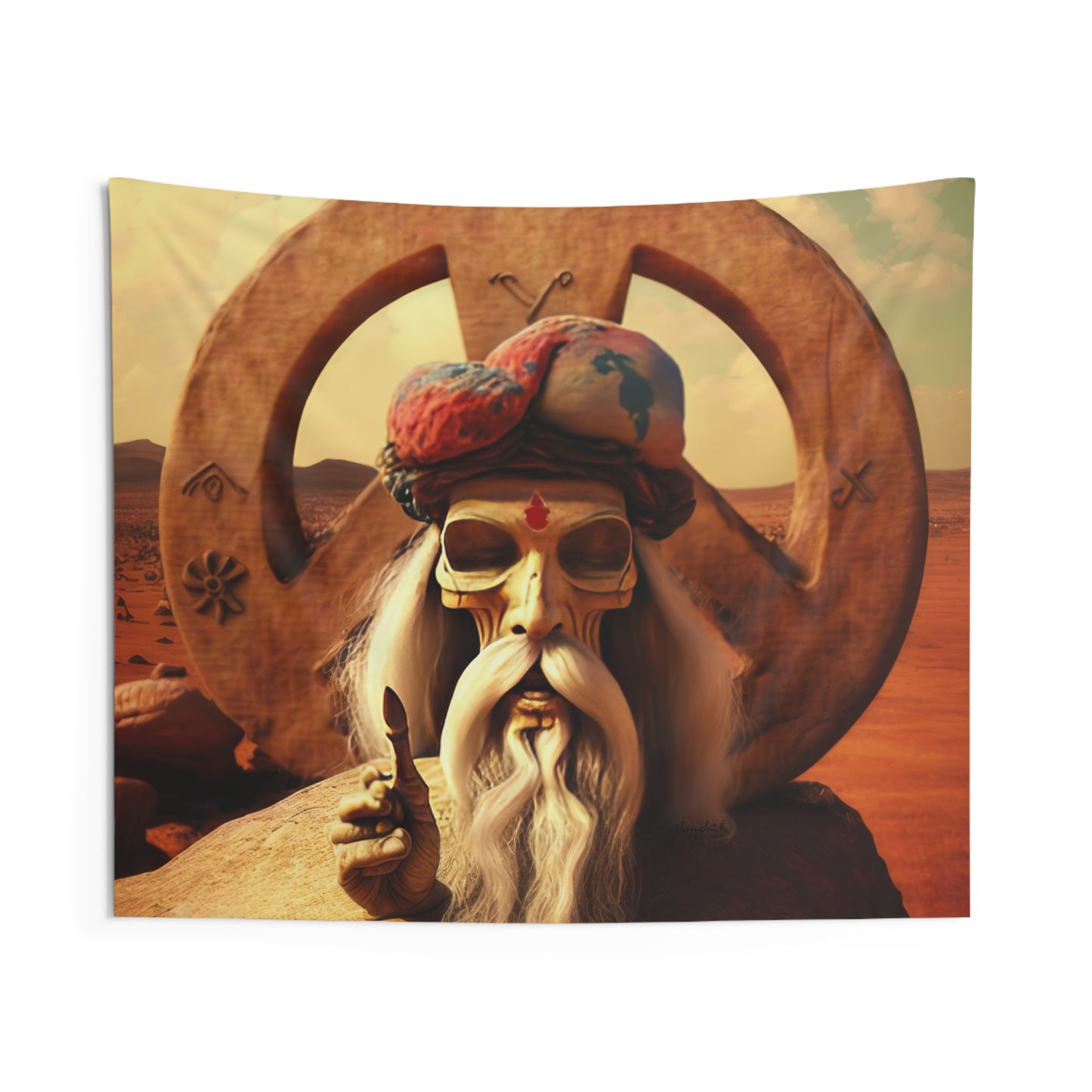 Wise Man In Dessert With Beard And Peace Sign Indoor Wall Tapestries