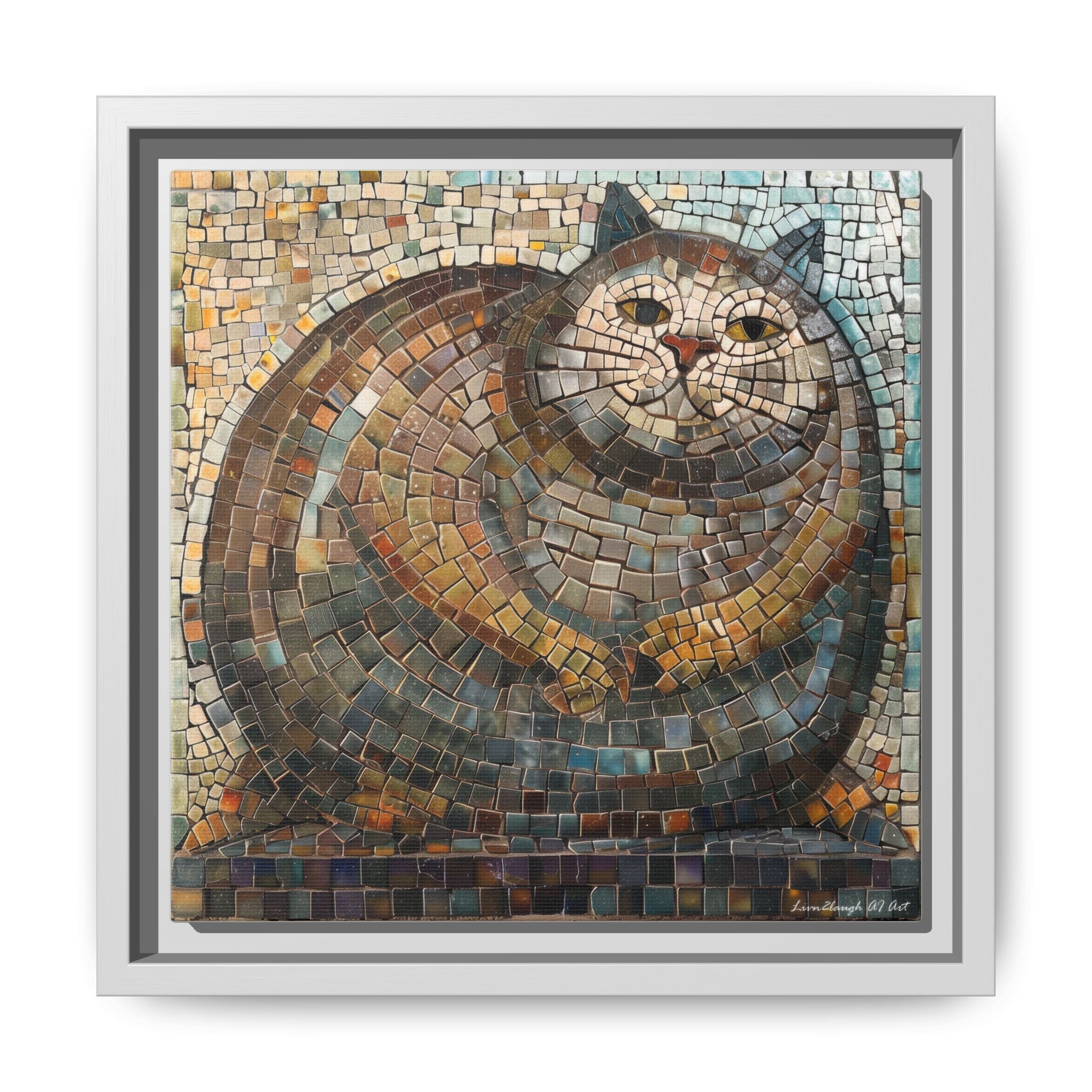 "Serene Mosaic Cat", Framed Mosaic Cat Art Print — Colorful Modern Wall Canvas