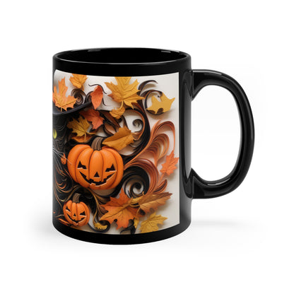 Fall Season Leads to Black Halloween Witch Hat Cat Amazing Background Fall Leaves And Pumpkins 11oz Black Mug