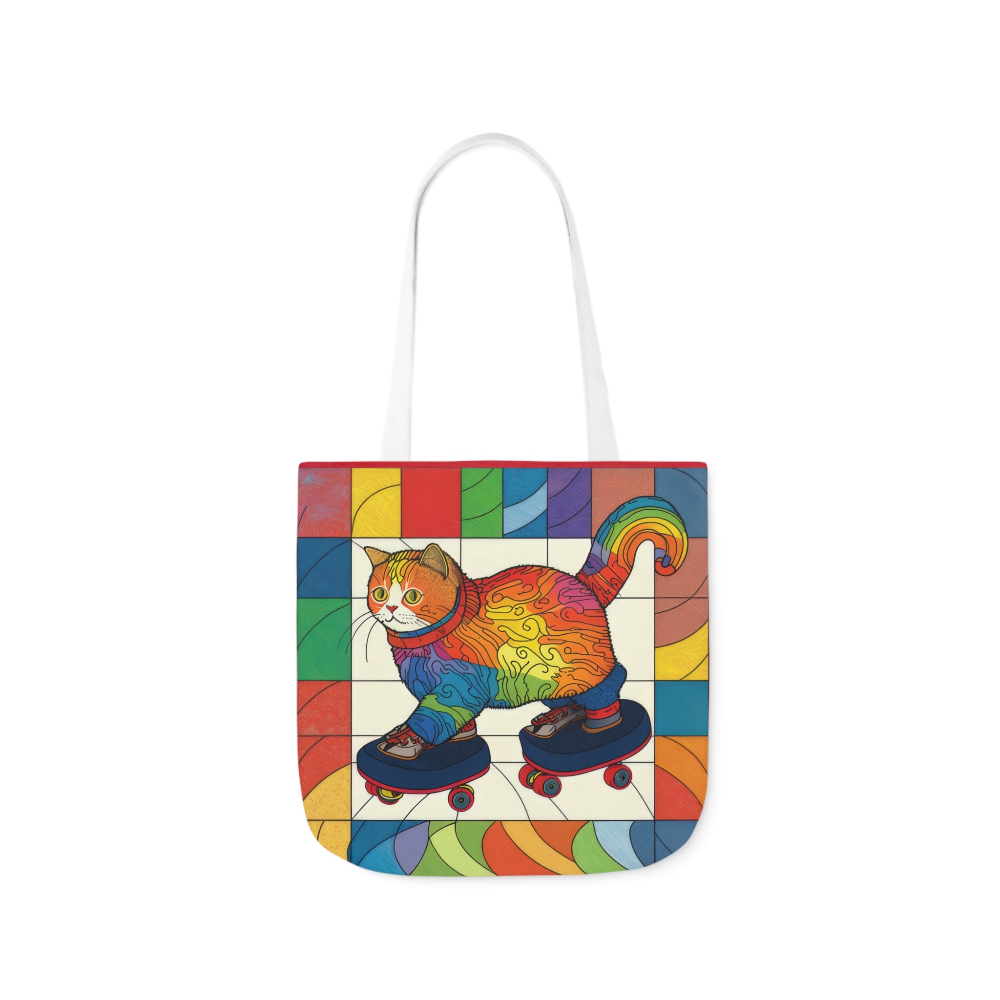 Gorgeous Rainbow Cat Riding A Skate/Skateboard With Rainbow Border Polyester Canvas Tote Bag (AOP)