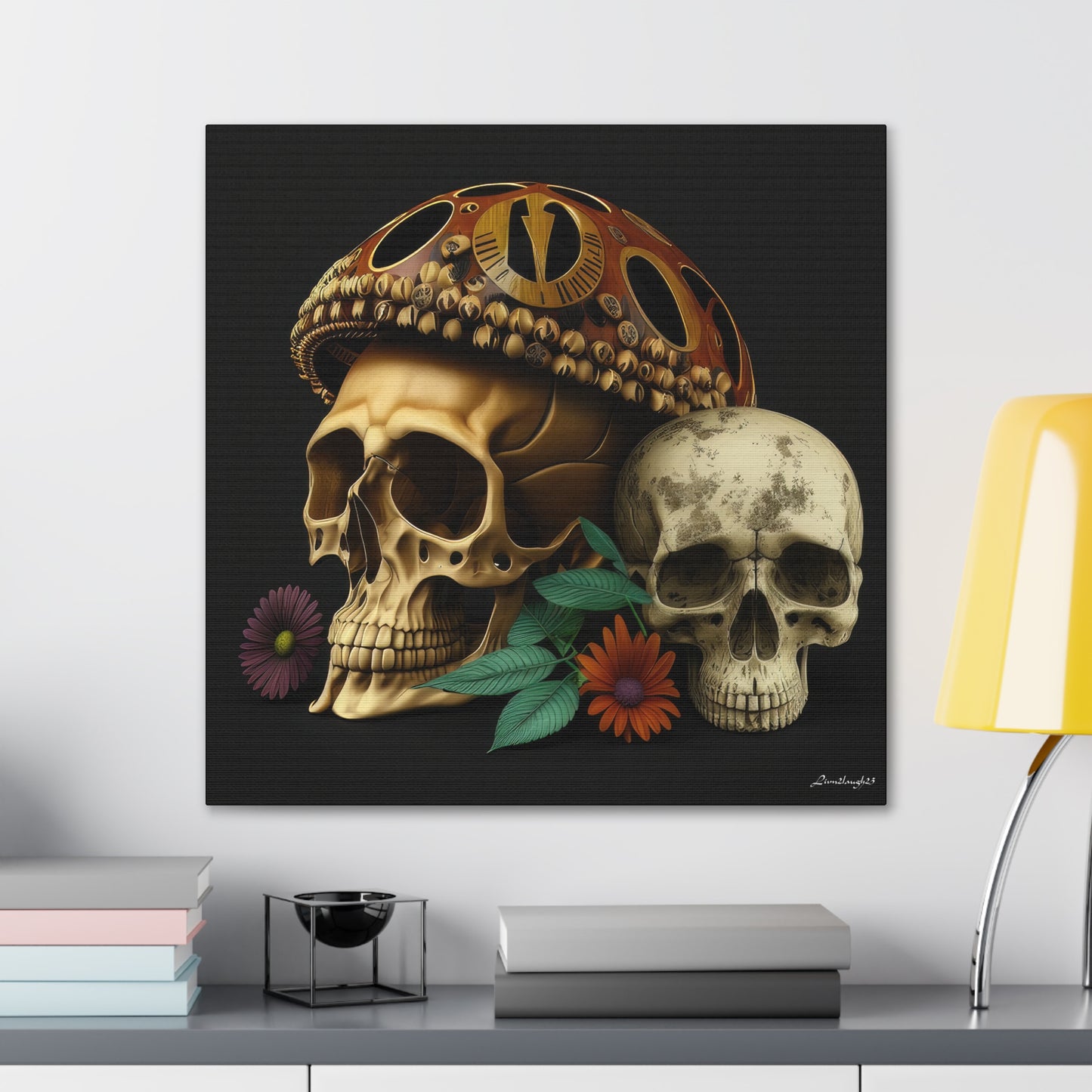 Double Skull With One Colorful Beautifully Detailed Helmet Purple Orange Flowers Canvas Gallery Wraps