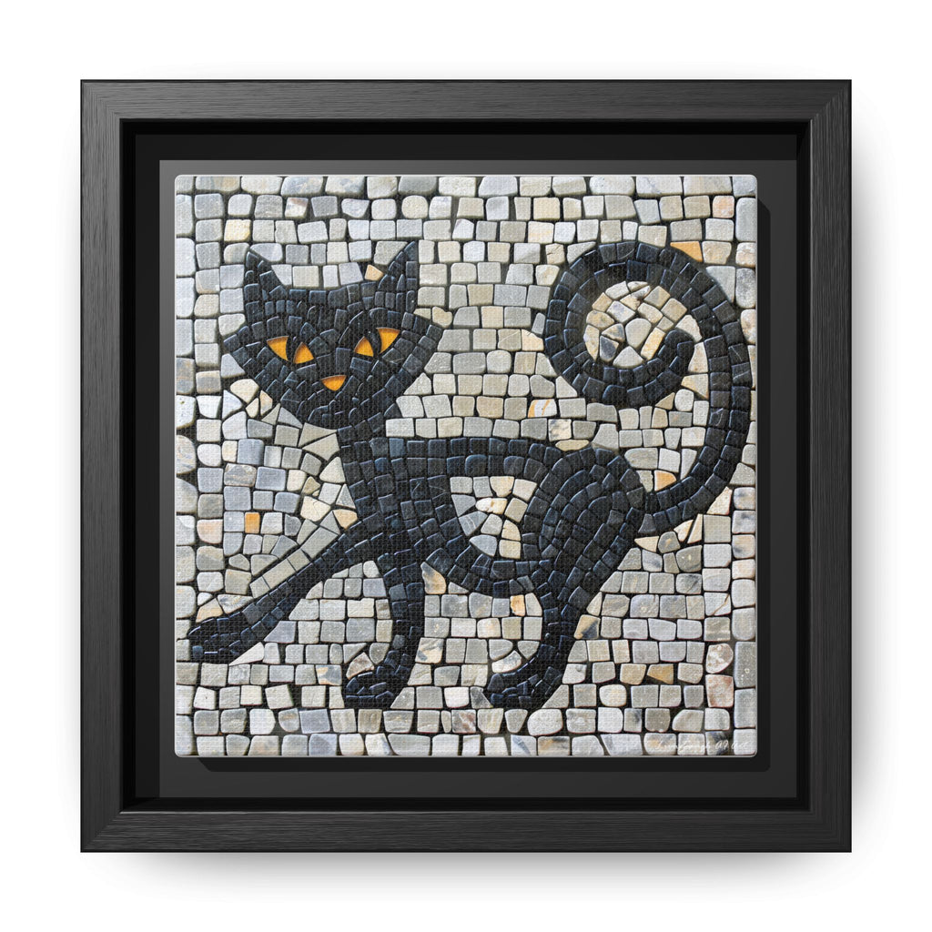 "Curious Black Cat Mosaic", Framed Mosaic Cat Art Print — Colorful Modern Wall Canvas