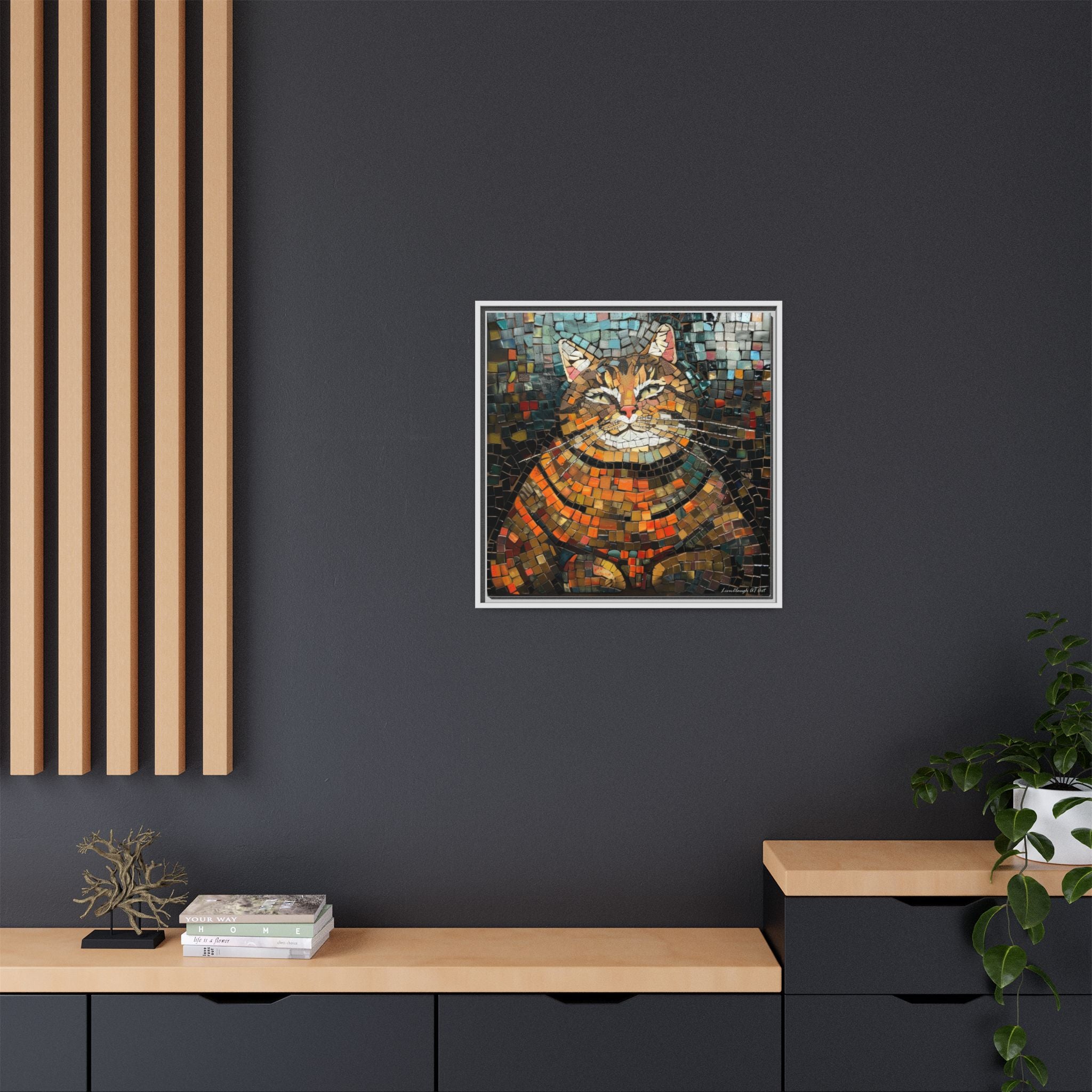 Mosaic Majesty: The Regal Cat, Framed Mosaic Cat Art Print — Colorful Modern Wall Canvas