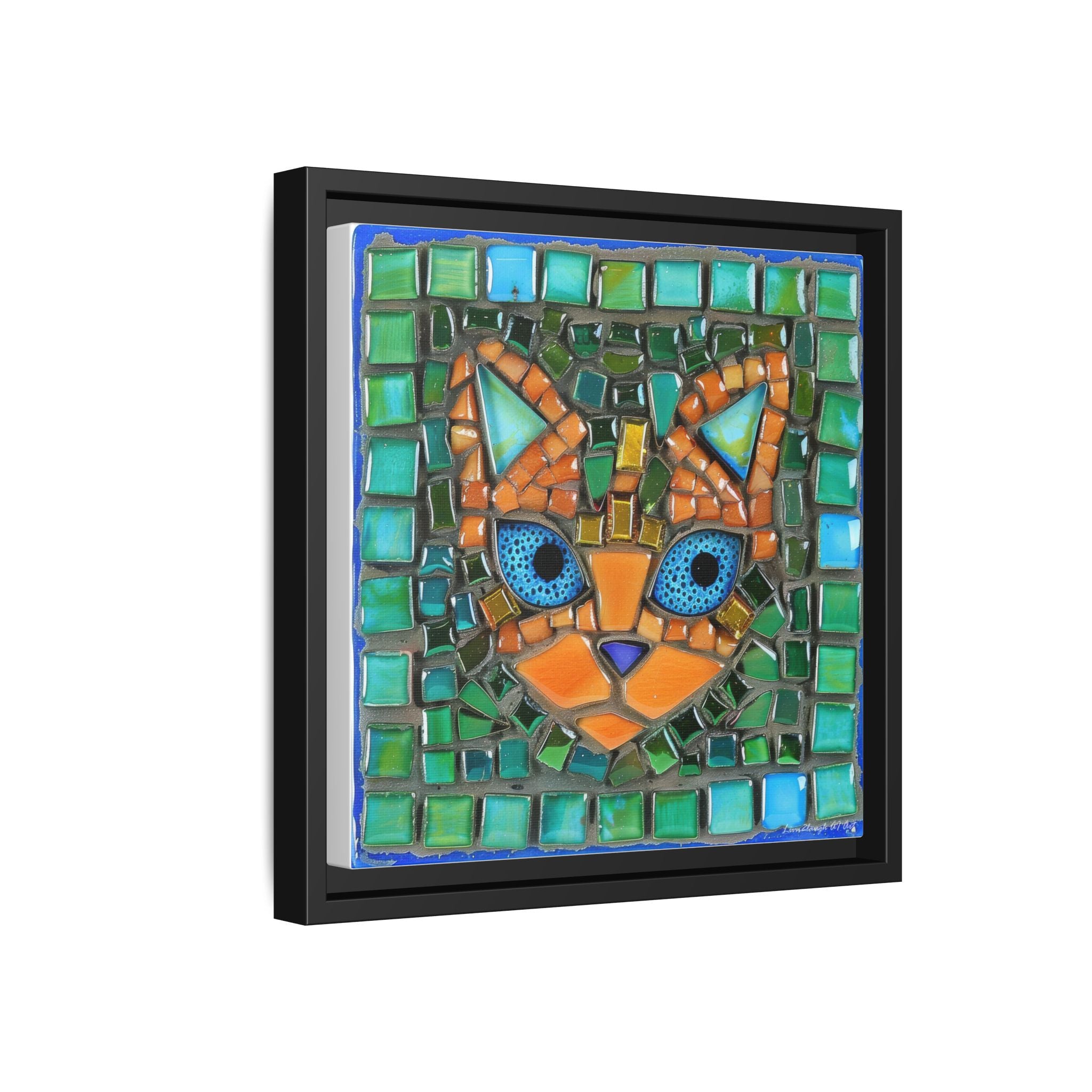 "Emerald Eyes Mosaic Cat", Framed Mosaic Cat Art Print — Colorful Modern Wall Canvas