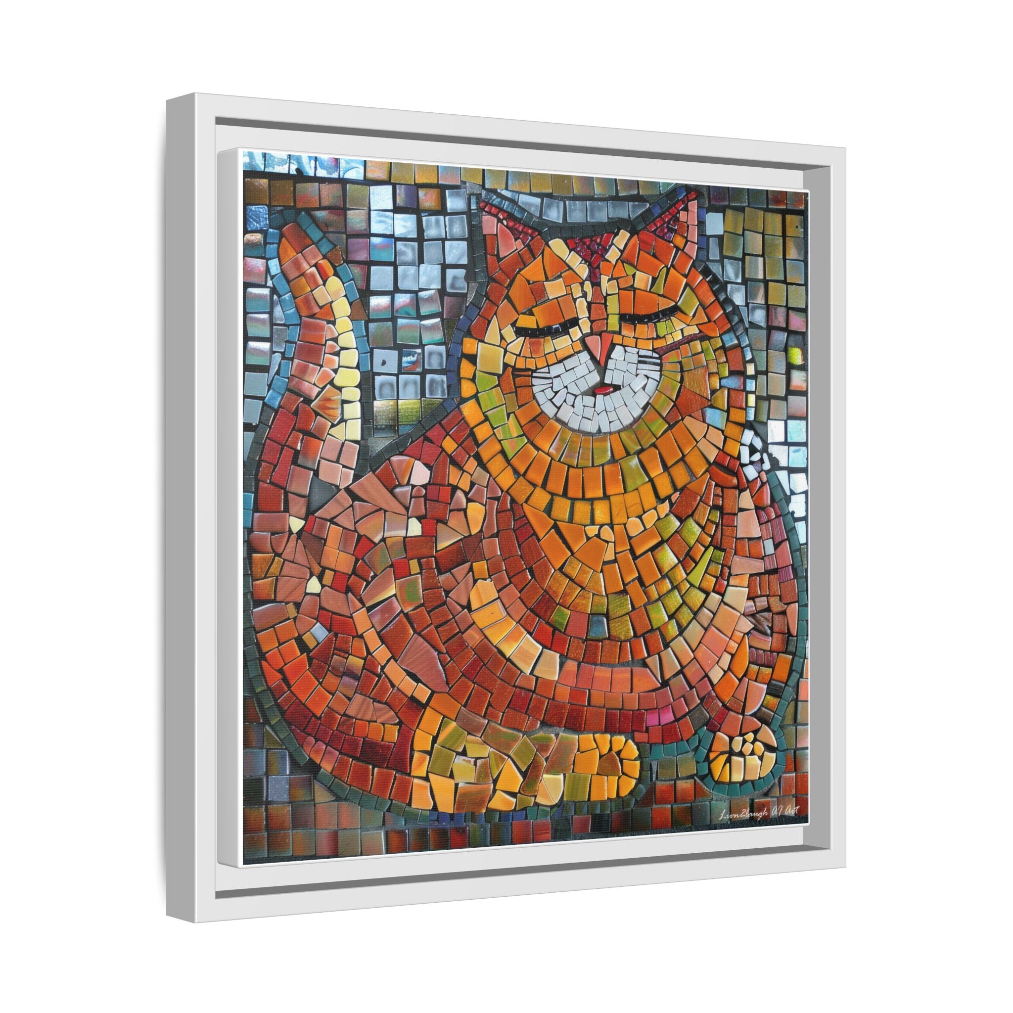 Radiant Whiskers: The Joyful Cat, Framed Mosaic Cat Art Print — Colorful Modern Wall Canvas