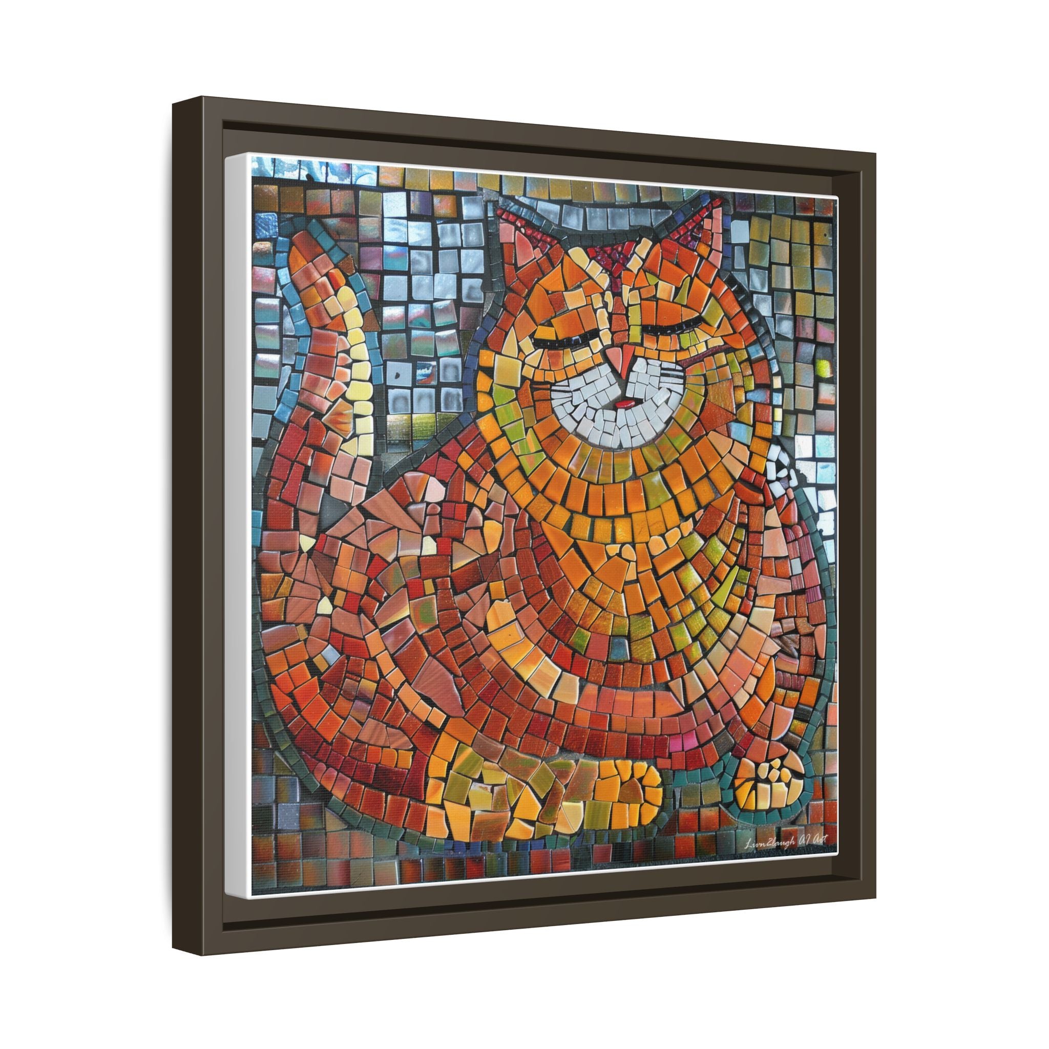 Radiant Whiskers: The Joyful Cat, Framed Mosaic Cat Art Print — Colorful Modern Wall Canvas
