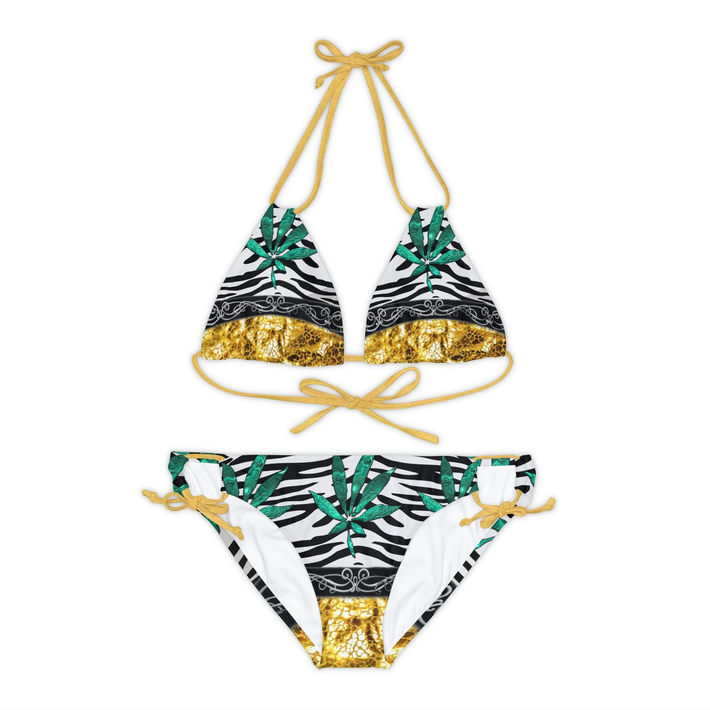 Gold And Zebra White And Black Marijuana Pot Weed Leaf 420 Weed Pot Marijuana Leaf Strappy Bikini Set (AOP)