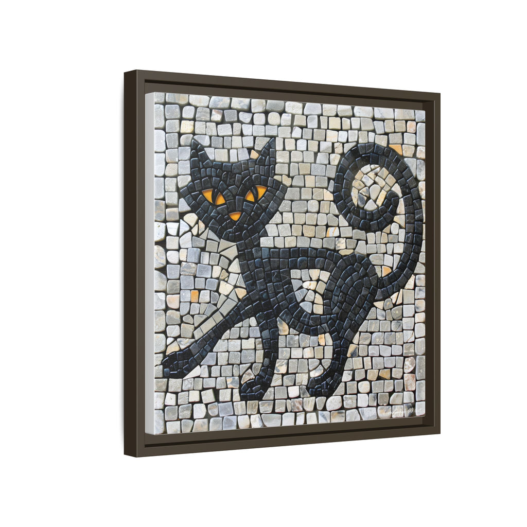"Curious Black Cat Mosaic", Framed Mosaic Cat Art Print — Colorful Modern Wall Canvas
