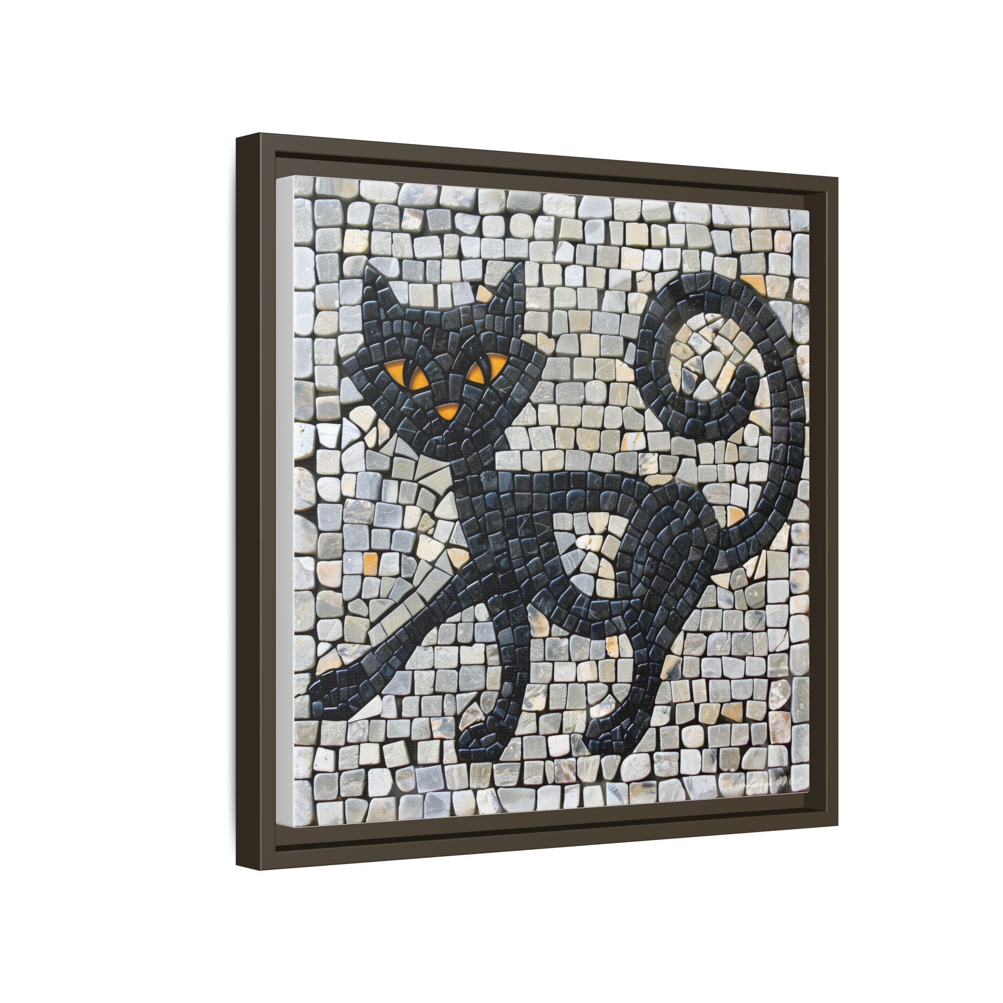 "Curious Black Cat Mosaic", Framed Mosaic Cat Art Print — Colorful Modern Wall Canvas