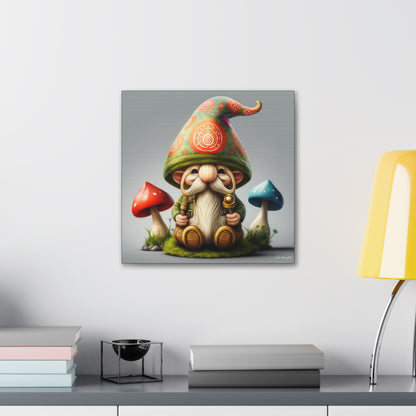 Gnome With Beautifully Detailed Green Orange Hat With Blue And Red Mushrooms Canvas Gallery Wraps