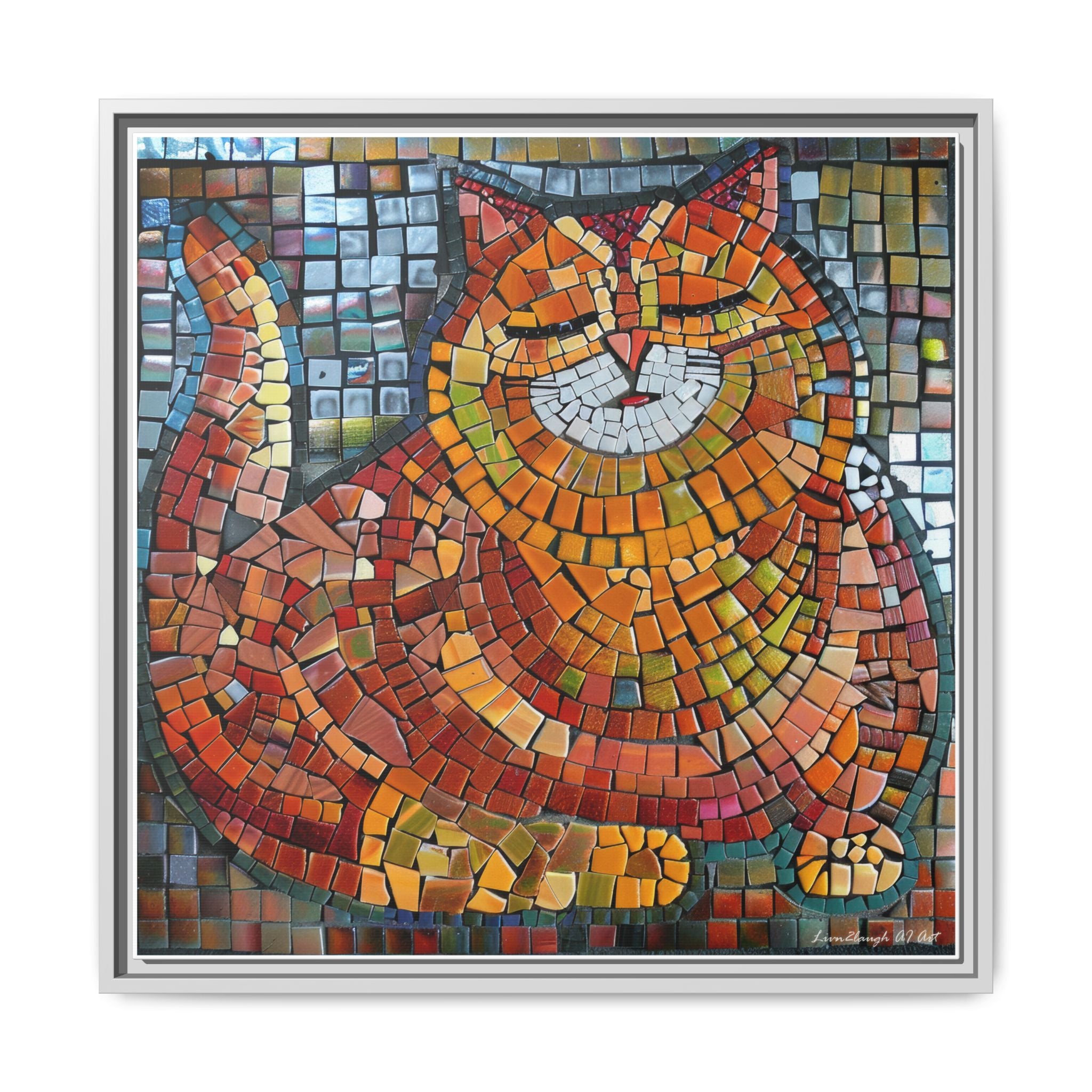 Radiant Whiskers: The Joyful Cat, Framed Mosaic Cat Art Print — Colorful Modern Wall Canvas