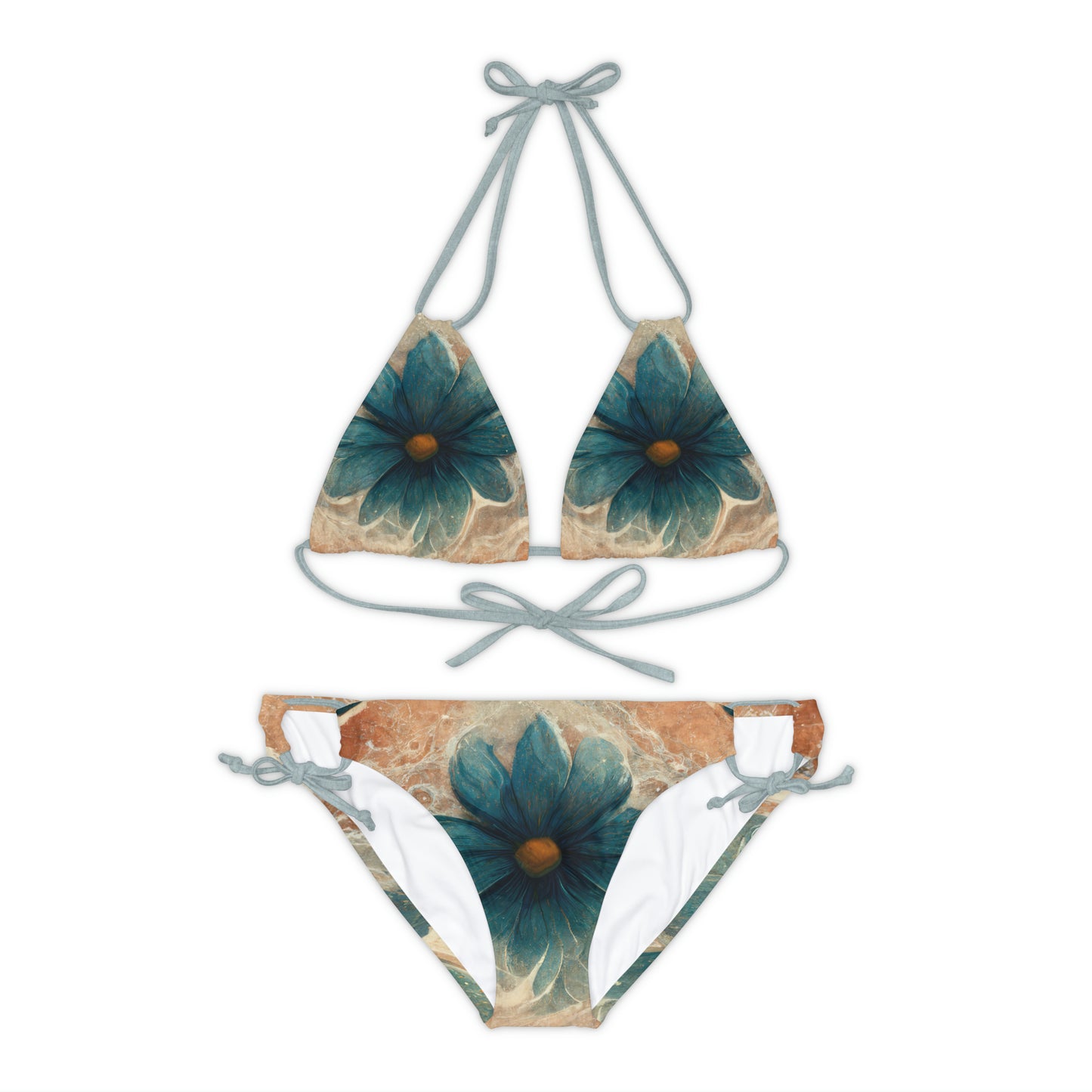 Bold And Beautiful White, Grey And Blue Floral Style 2 Strappy Bikini Set (AOP)