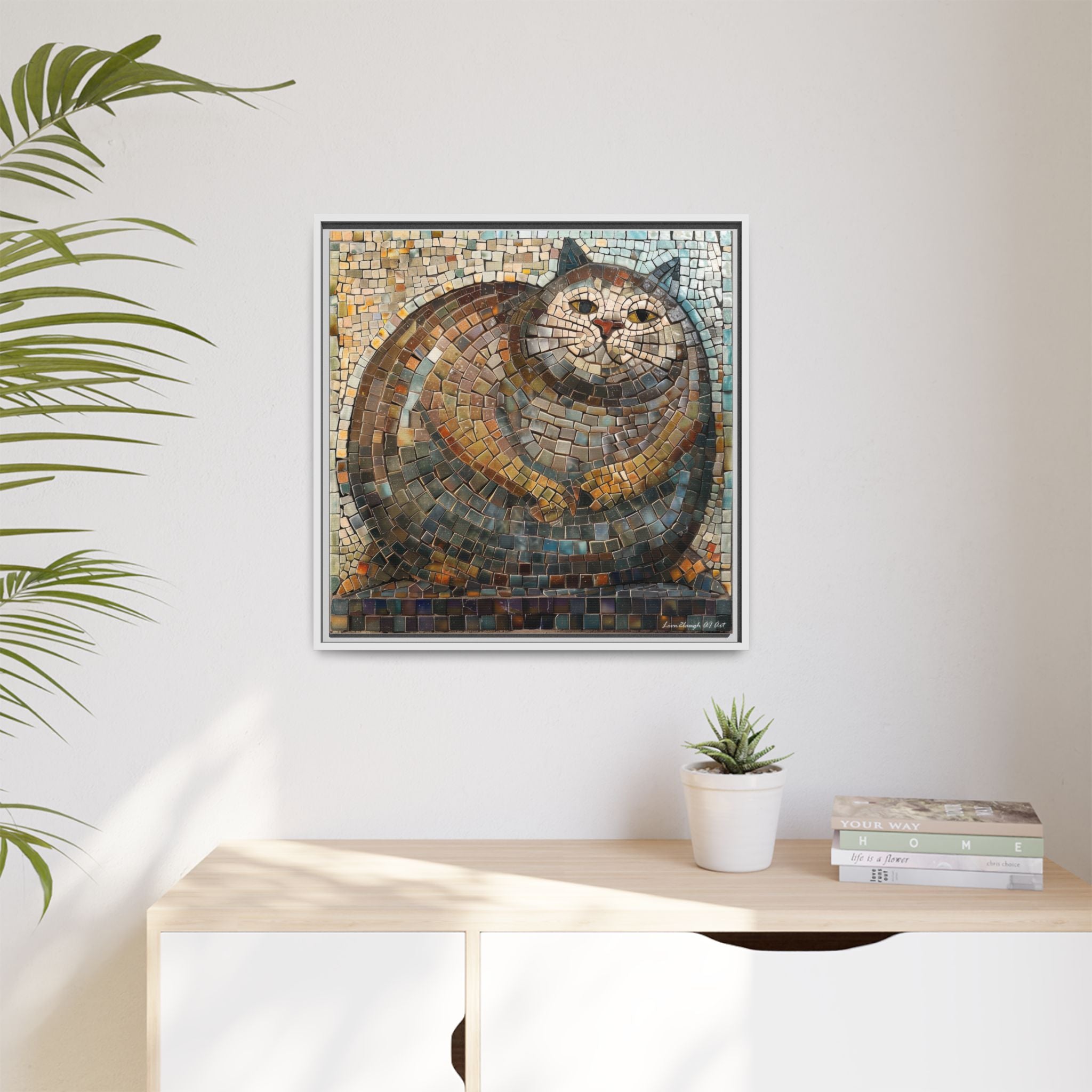 "Serene Mosaic Cat", Framed Mosaic Cat Art Print — Colorful Modern Wall Canvas