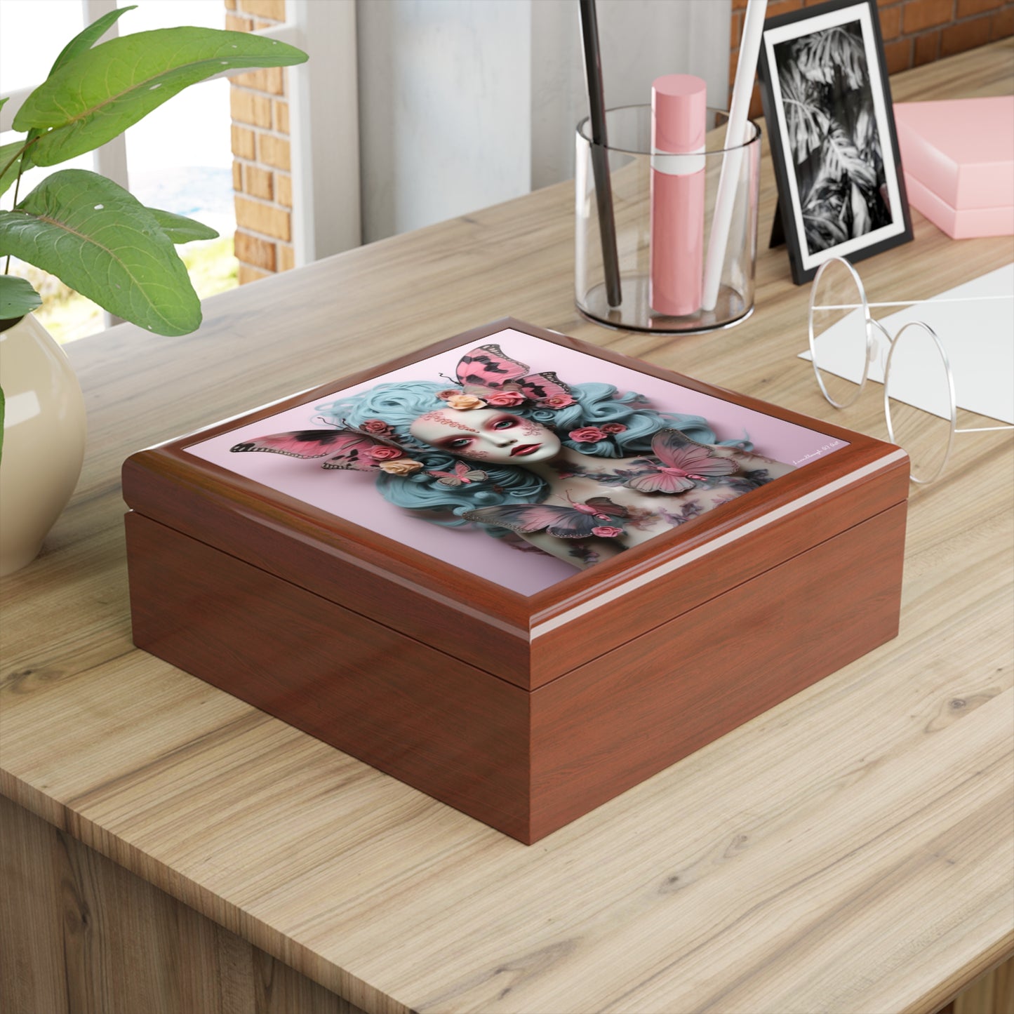 Gothic Butterfly Pink Background, Black or Brown Jewelry Box