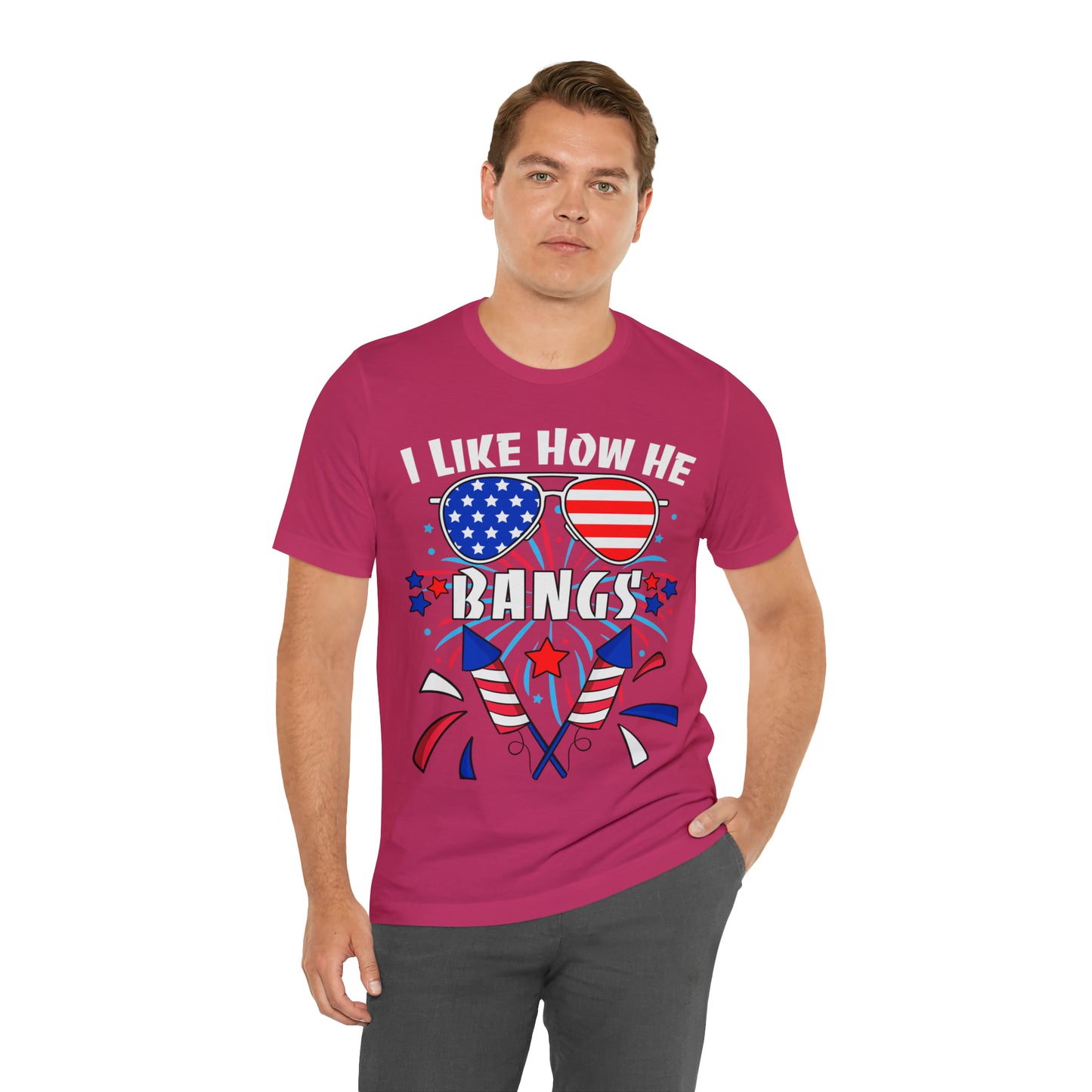 I Like How He Bangs American Flag, Fourth Of July 4th , American Flag Glasses Unisex Jersey Short Sleeve Tee