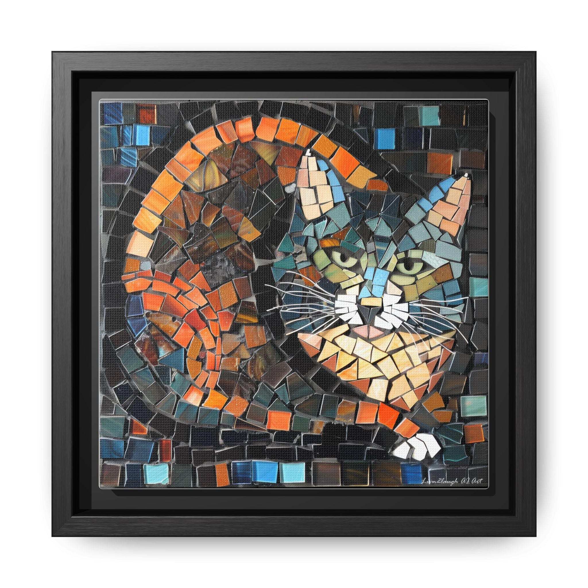 "Bold Mosaic Cat", Framed Mosaic Cat Art Print — Colorful Modern Wall Canvas
