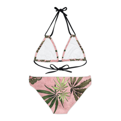 Grey Lace Gorgeous Pink Designed Marijuana 420 Weed Strappy Bikini Set (AOP)