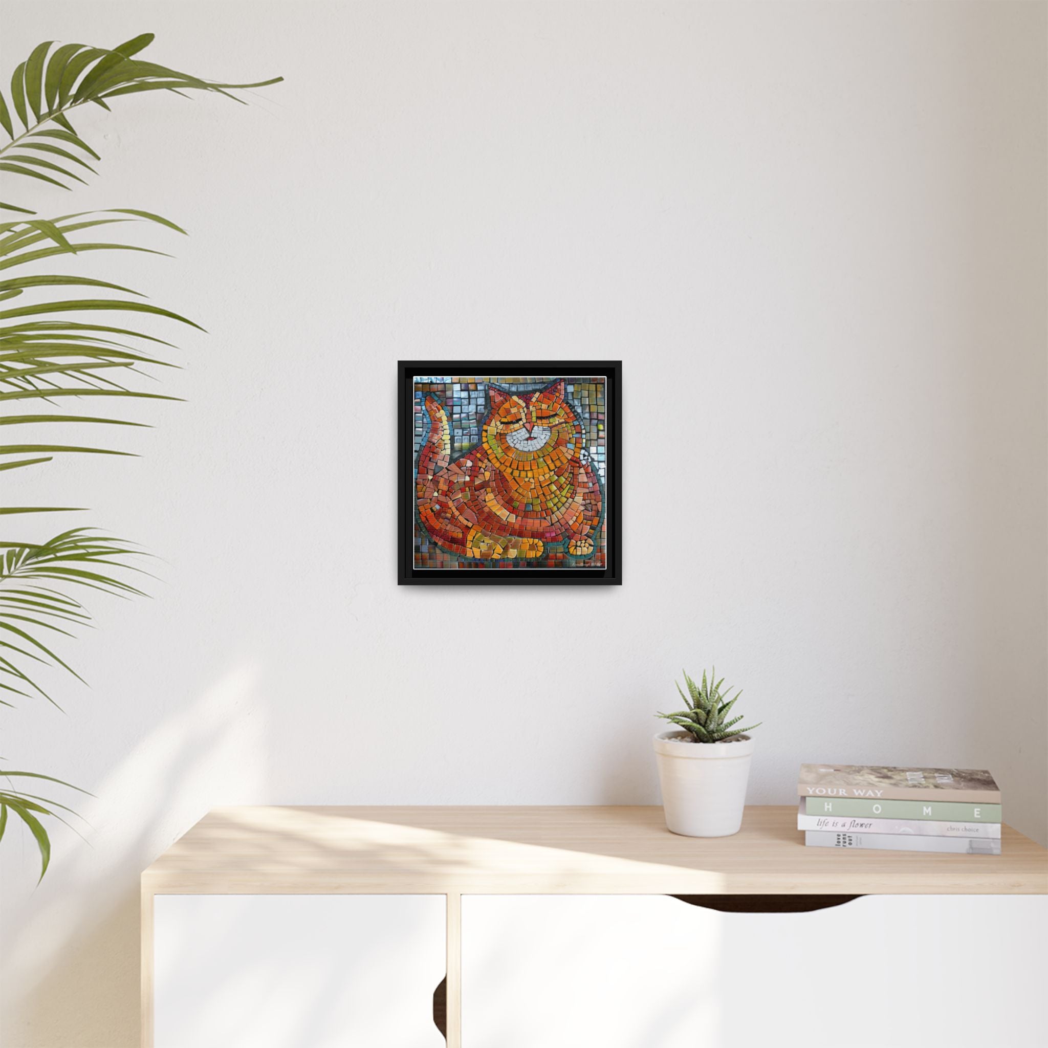 Radiant Whiskers: The Joyful Cat, Framed Mosaic Cat Art Print — Colorful Modern Wall Canvas