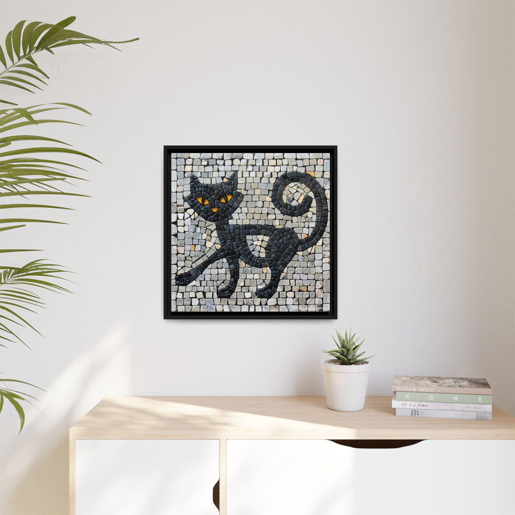 "Curious Black Cat Mosaic", Framed Mosaic Cat Art Print — Colorful Modern Wall Canvas