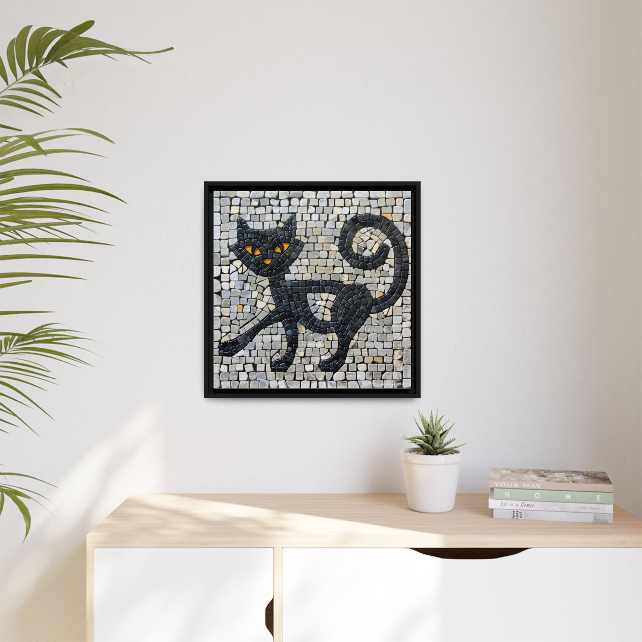 "Curious Black Cat Mosaic", Framed Mosaic Cat Art Print — Colorful Modern Wall Canvas